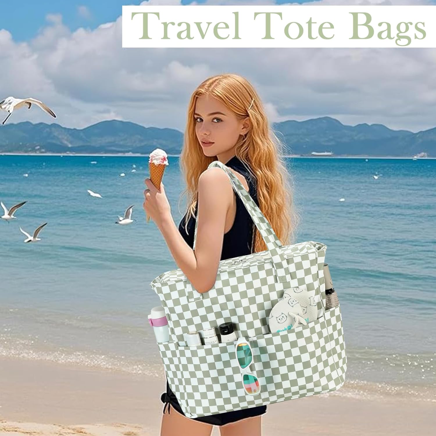 LEDAOU Beach Bag Waterproof Sandproof Women Tote Bag Pool Bag with Zipper for Gym Grocery Travel