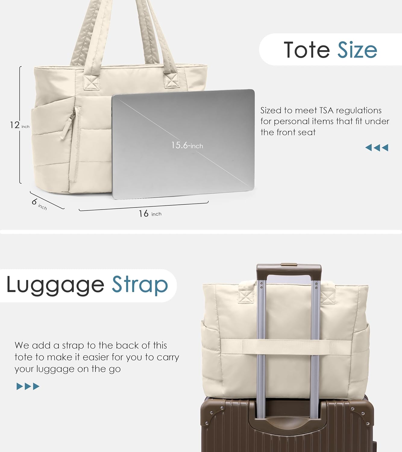 Tote Bag for Women with Zipper, Quilted Puffer Tote Bag with Compartments, Lightweight Puffy Work Bags for Women Travel