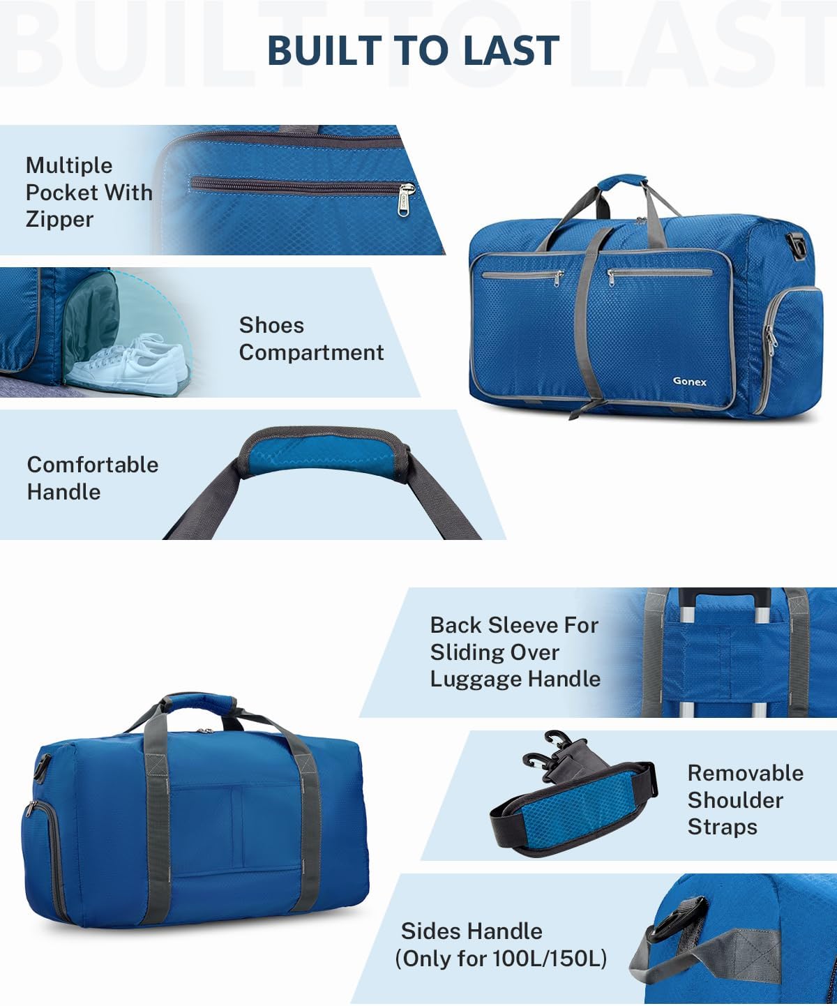 Gonex 40L 60L 80L 100L 150L Large Foldable Travel Duffle Bag with Shoes Compartment, Packable