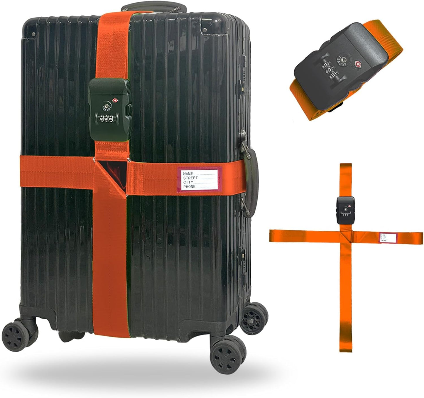 Luggage Straps TAS,Travel Strap with Name tag,Easy to Identify,Luggage Straps TSA Approved with Lock,Combination Luggage Lock with Adjustable Length,Compatible with 20-34 inch Luggage(Orange 1 Pack)