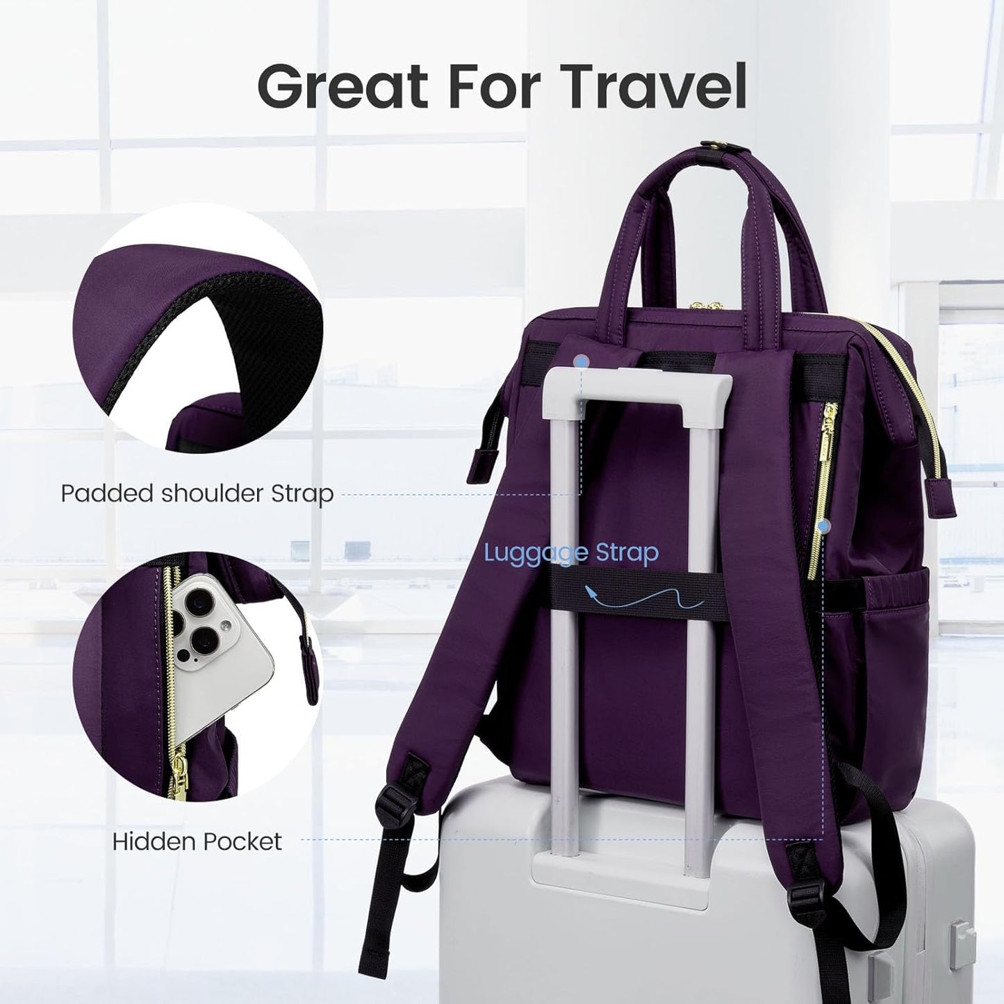 LOVEVOOK Laptop Backpack Women 15.6 inch,Lightweight Puffer Travel Backpacks for Women,Quilted Laptop Bag Computer Work Teacher Nurse Backpack,Womens Backpack Purse for College Business,Dark Purple