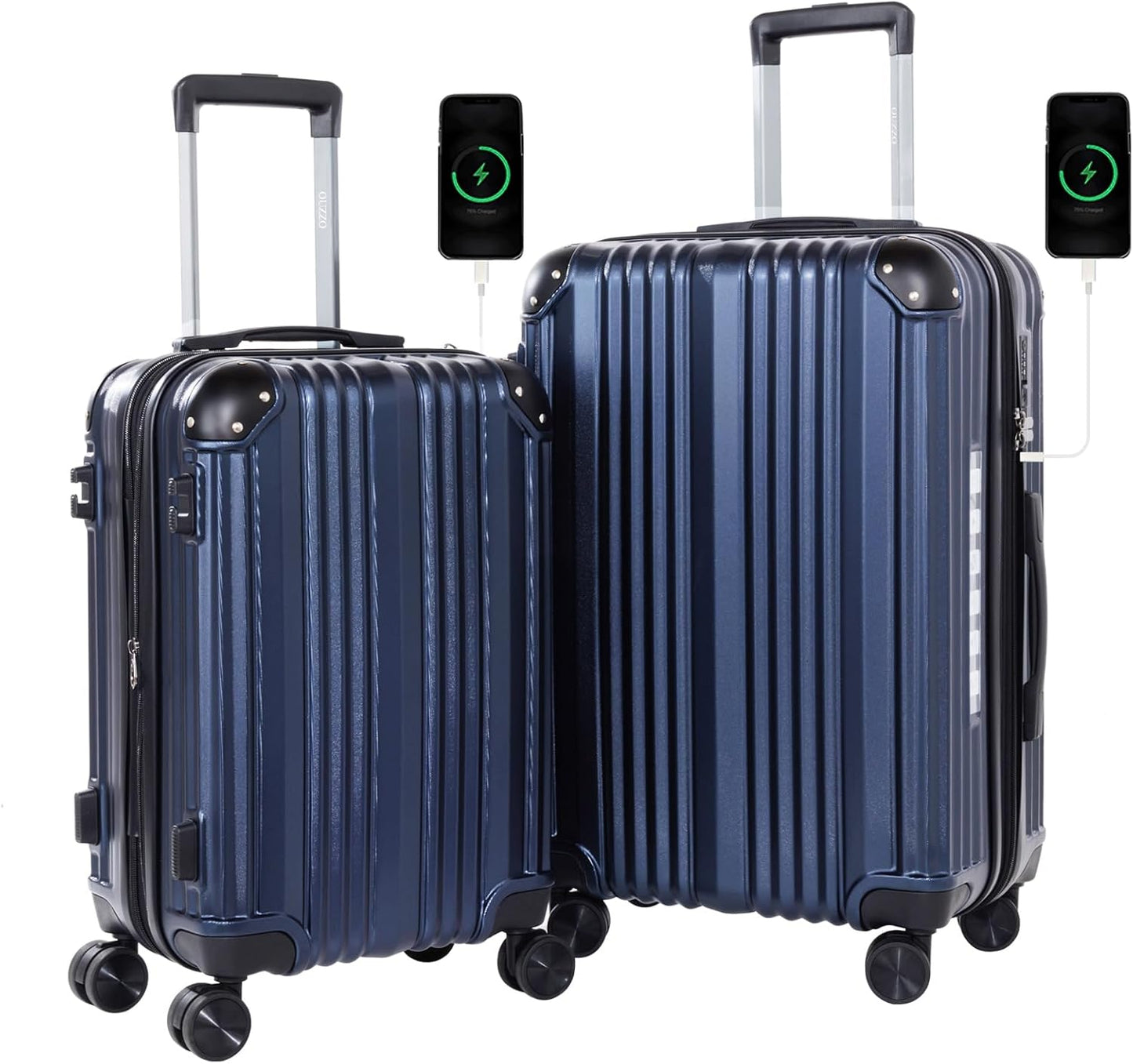 OUZZO 2-Piece Luggage Set 20/24 Inch – Hardshell Suitcases with Corner Protectors, Spinner Wheels, TSA-Approved Lock, USB Port – Expandable ABS+PC Travel Luggage for Business & Family Trips – Blue