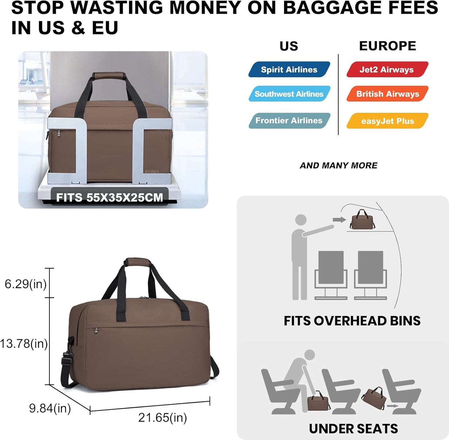 Kono Travel Duffel Bag 48L Large Carry-on Bag Sports Tote Gym Bag Weekender Overnight Bags for Men Women 21.65"x13.78"x9.84" Brown