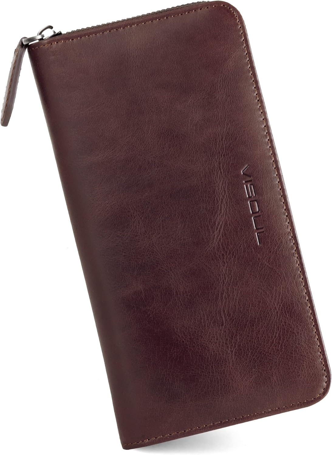 VISOUL Leather Long Zipper Pouch Wallet for Men and Women with RFID Blocking, Large Clutch Cash Long Wallet with Zipper (Coffee)