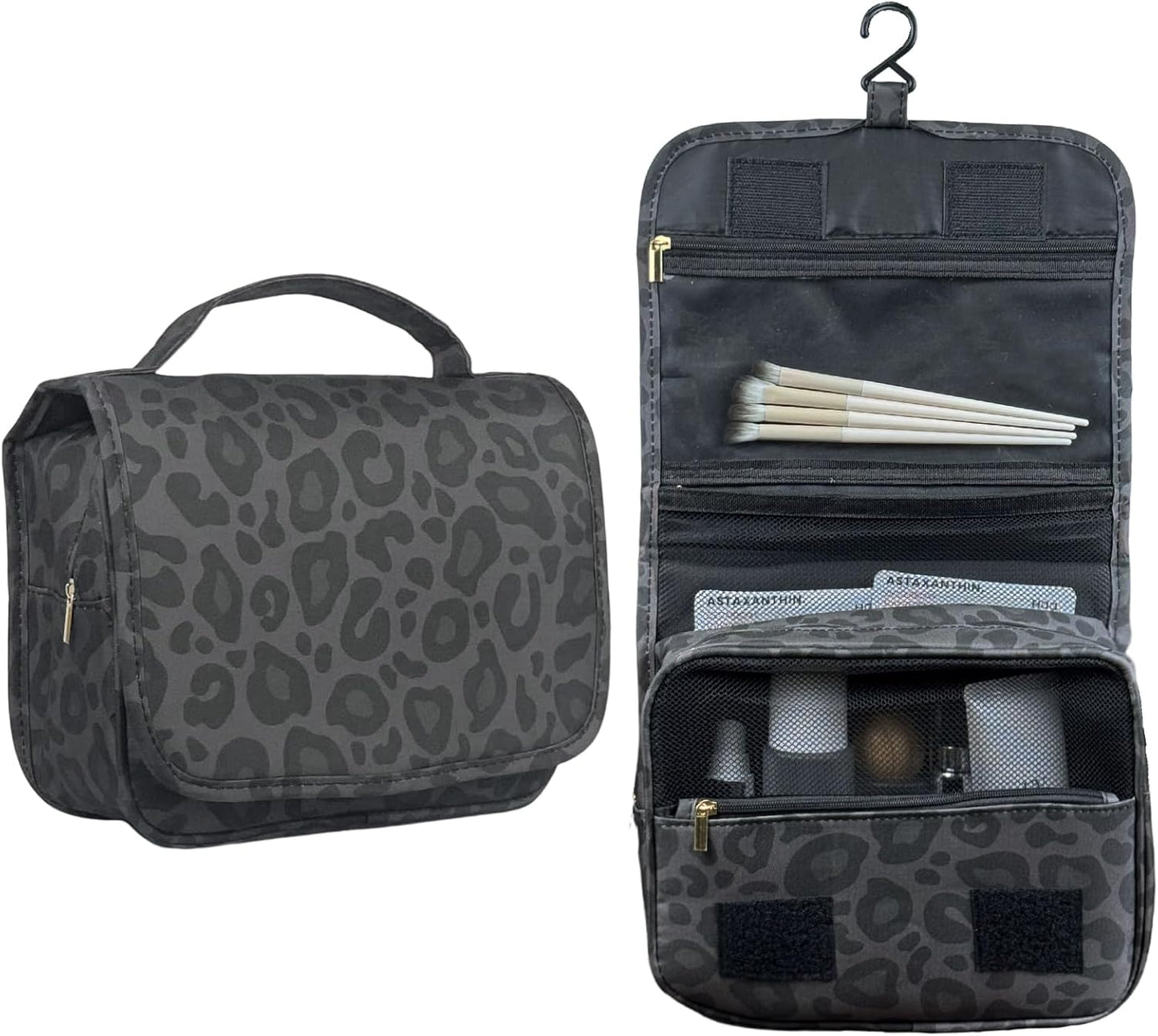 Crazy Bison Hanging Travel Toiletry Bag Kit Makeup Bag Cosmetics Organizer for Men Women (Black Leopard)
