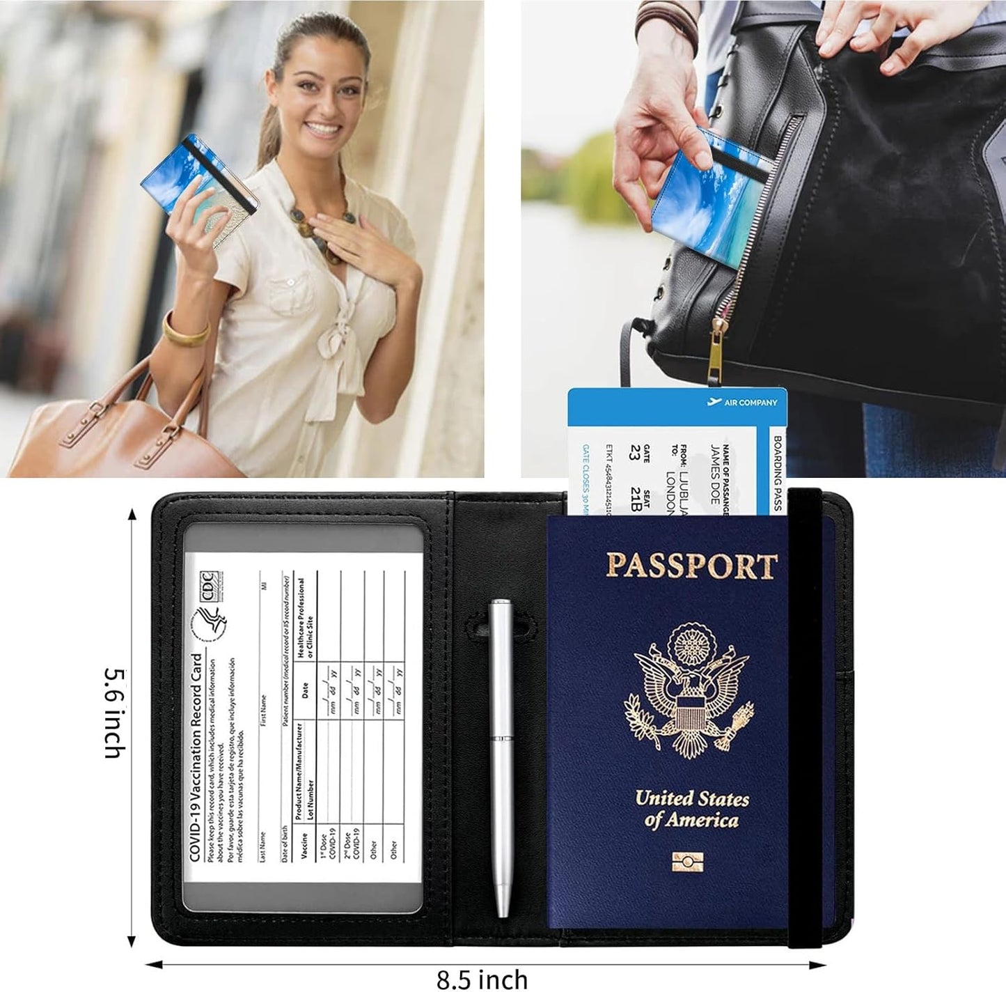 Passport and Vaccine Card Holder Cover Combo,Travel Passport Holder Wallet with RFID Blocking, Leather Vaccine Card Slot Passport Cover Case for Women & Men,Beautiful Beach and Blue Sky