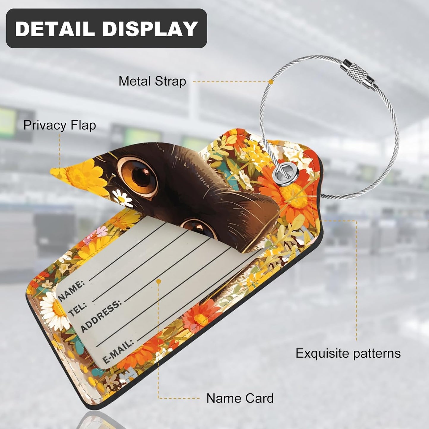 2Pack Luggage Tags for Suitcases, Cute Unique Pu Leather Cruise Luggage Tag with Privacy Cover ID Label Address Card and Metal Ring Suitable for Women Men Kids Travel Bag Yellow Flower and Kitten