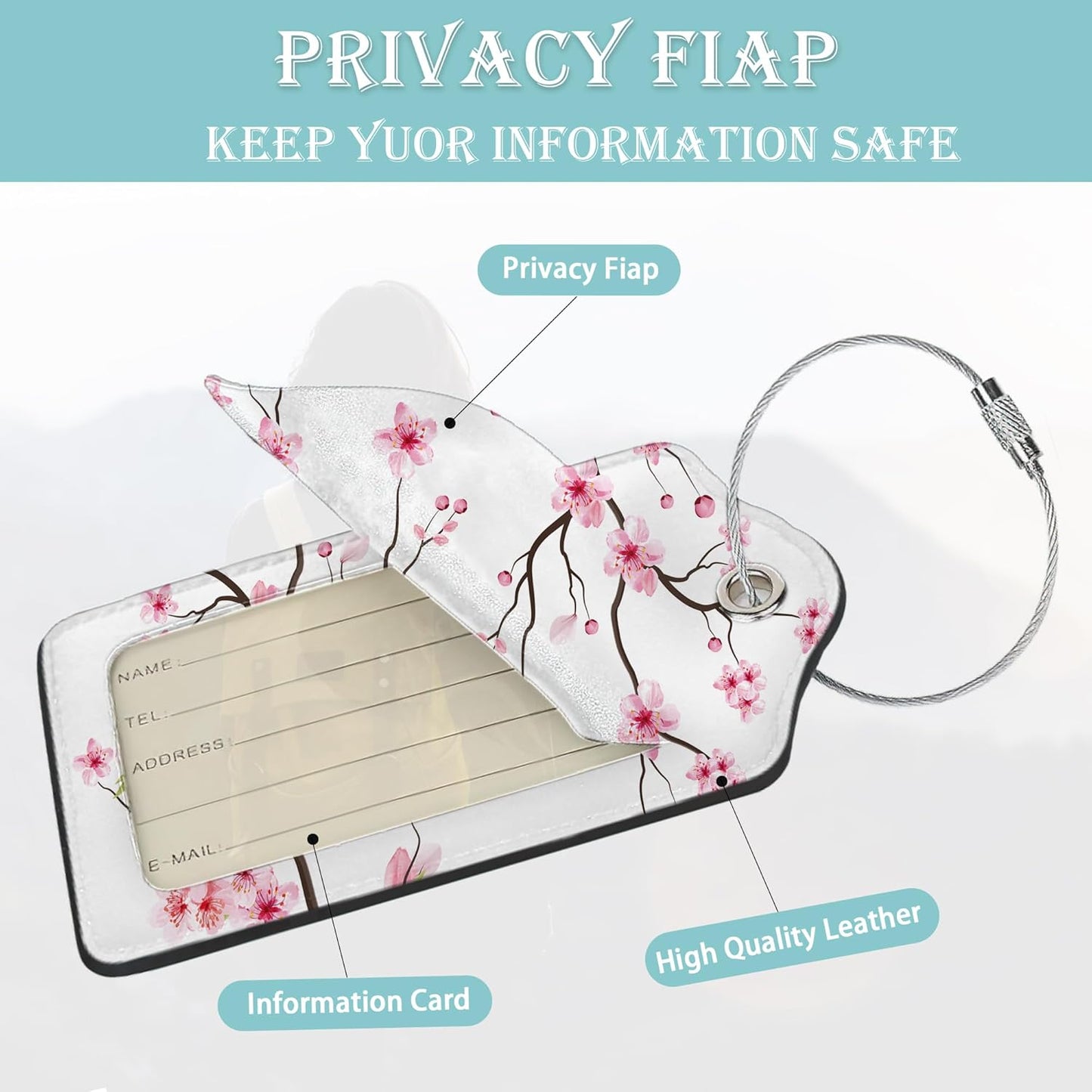 Luggage Tags for Suitcase,2 Pack Japanese Cherry Blossom Tree Luggage Tag PU Leather Privacy Cover