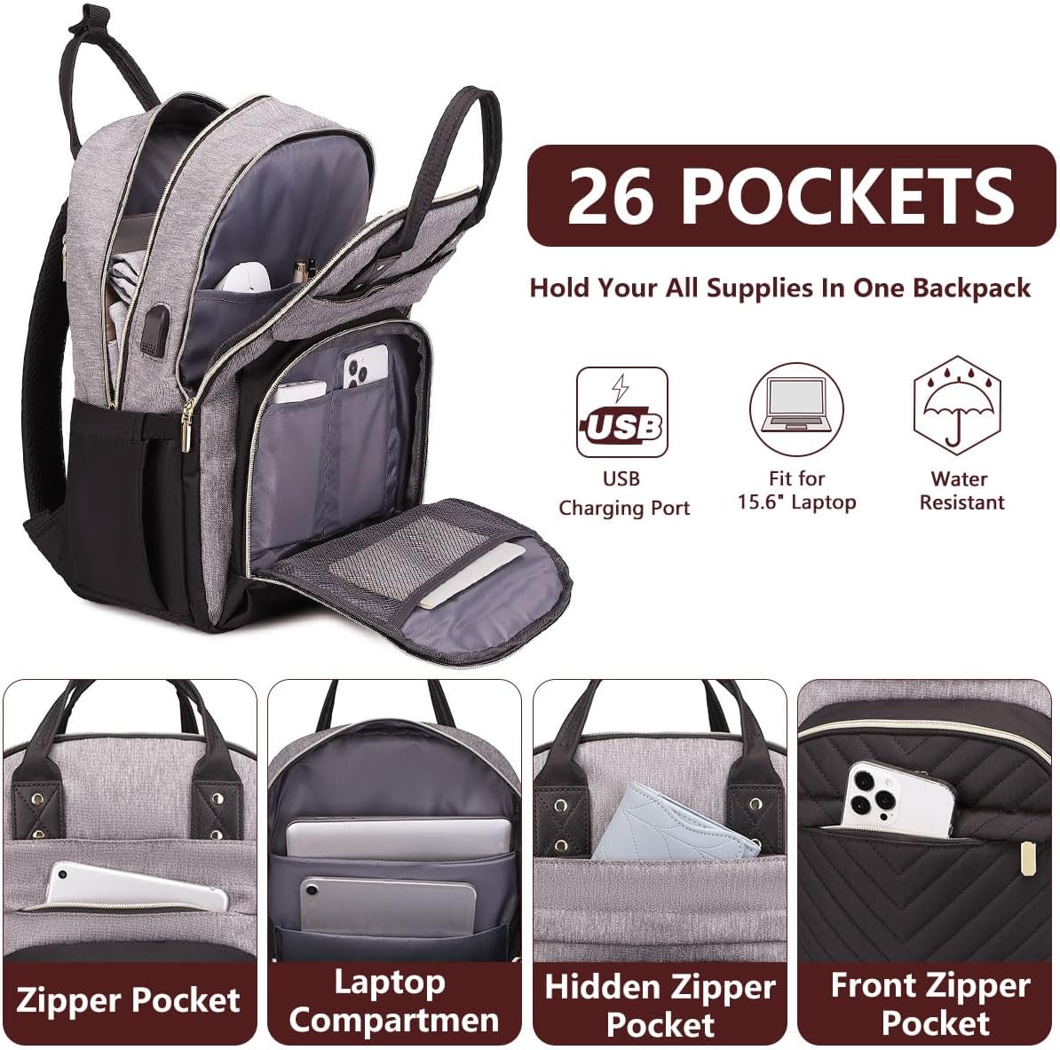 Laptop Backpack for Women/Men, Fits 15.6 Inch Laptop Bag, Fashion Travel Work Anti-theft Bag, Business Computer Waterproof Backpack Purse, Grey Black