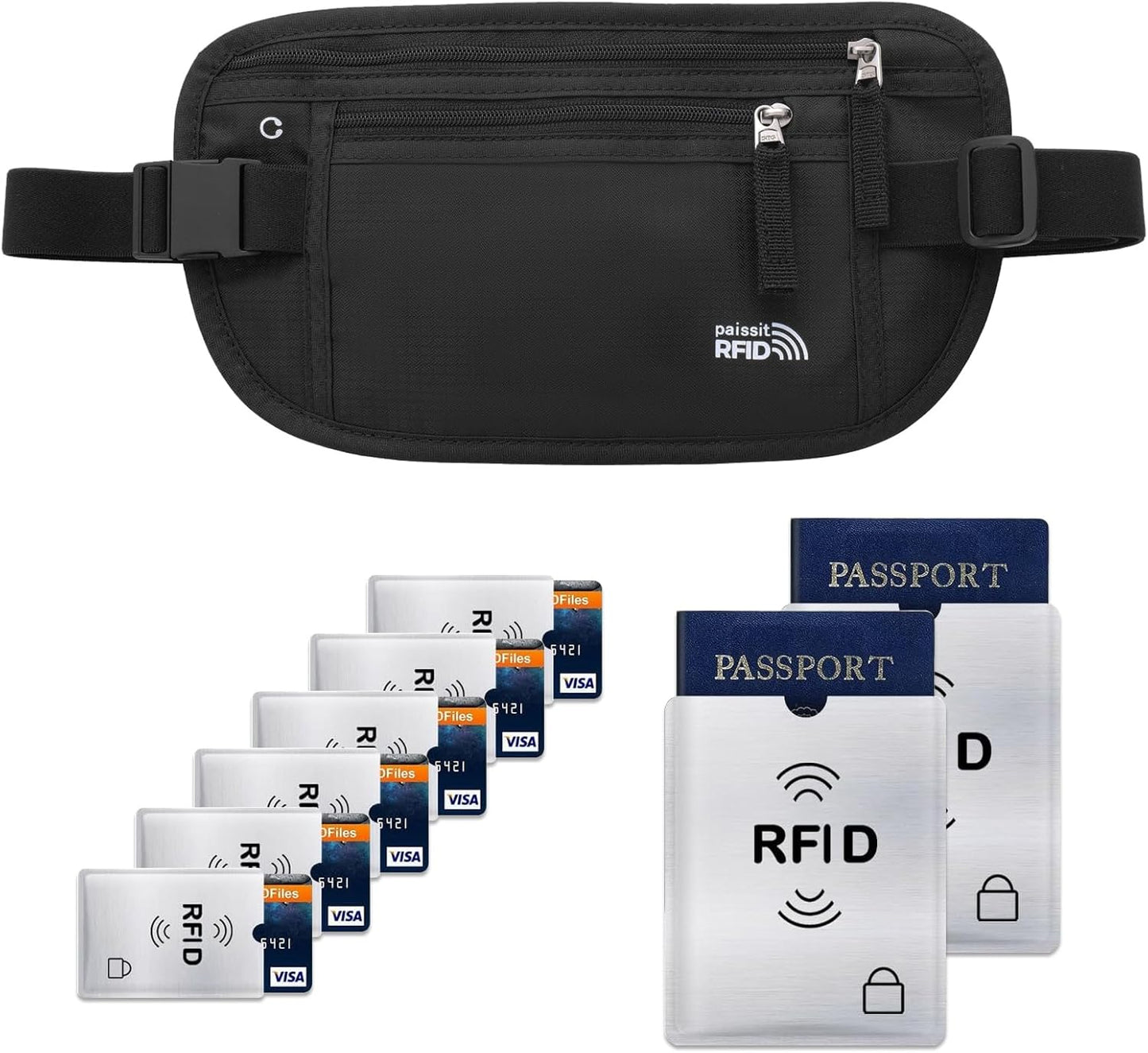 Small Unisex Money Belt For Men and Women, Slim Passport Holder RFID Blocking Travel Essentials Pouch with Adjustable Strap Small Waist Pouch for Workout Running Travelling Hiking, Black & 8 Sleeves