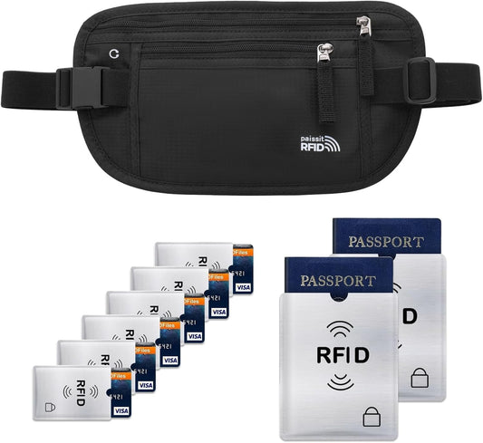 Small Unisex Money Belt For Men and Women, Slim Passport Holder RFID Blocking Travel Essentials Pouch with Adjustable Strap Small Waist Pouch for Workout Running Travelling Hiking, Black & 8 Sleeves