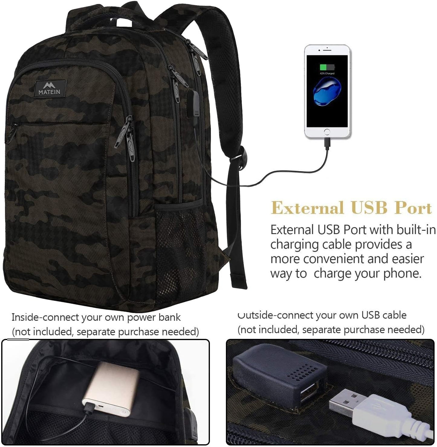 MATEIN 15.6 Inch Laptop Backpack, Sturdy Business Travel Laptop Bagpack with USB Charging Port