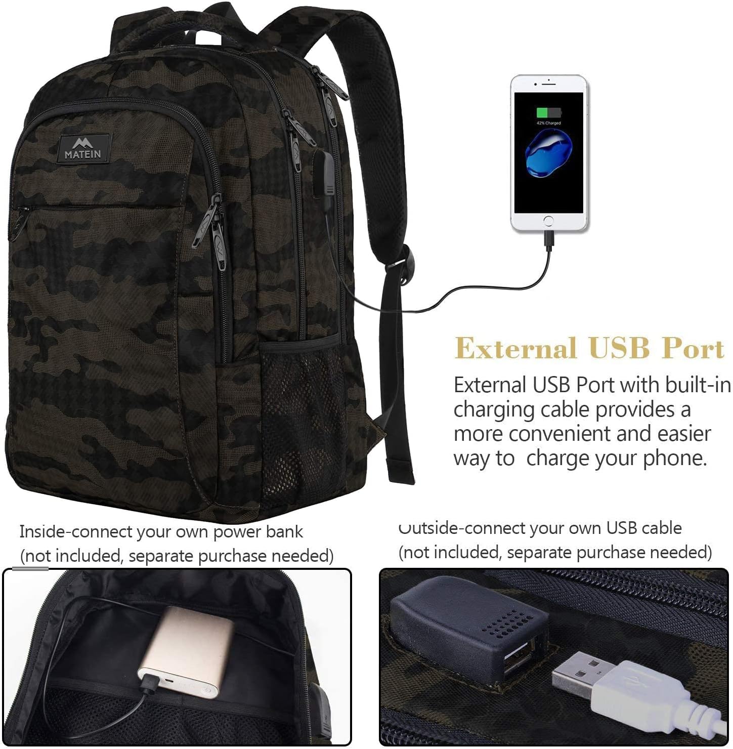 MATEIN 15.6 Inch Laptop Backpack, Sturdy Business Travel Laptop Bagpack with USB Charging Port