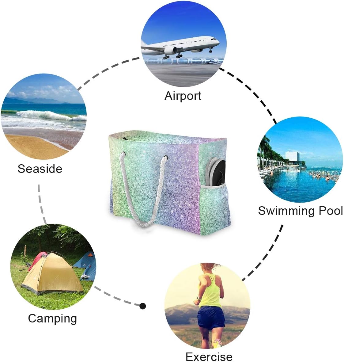 ALAZA Beach Bag, Rainbow Glitter Travel Tote Bags for Camping, Exercise