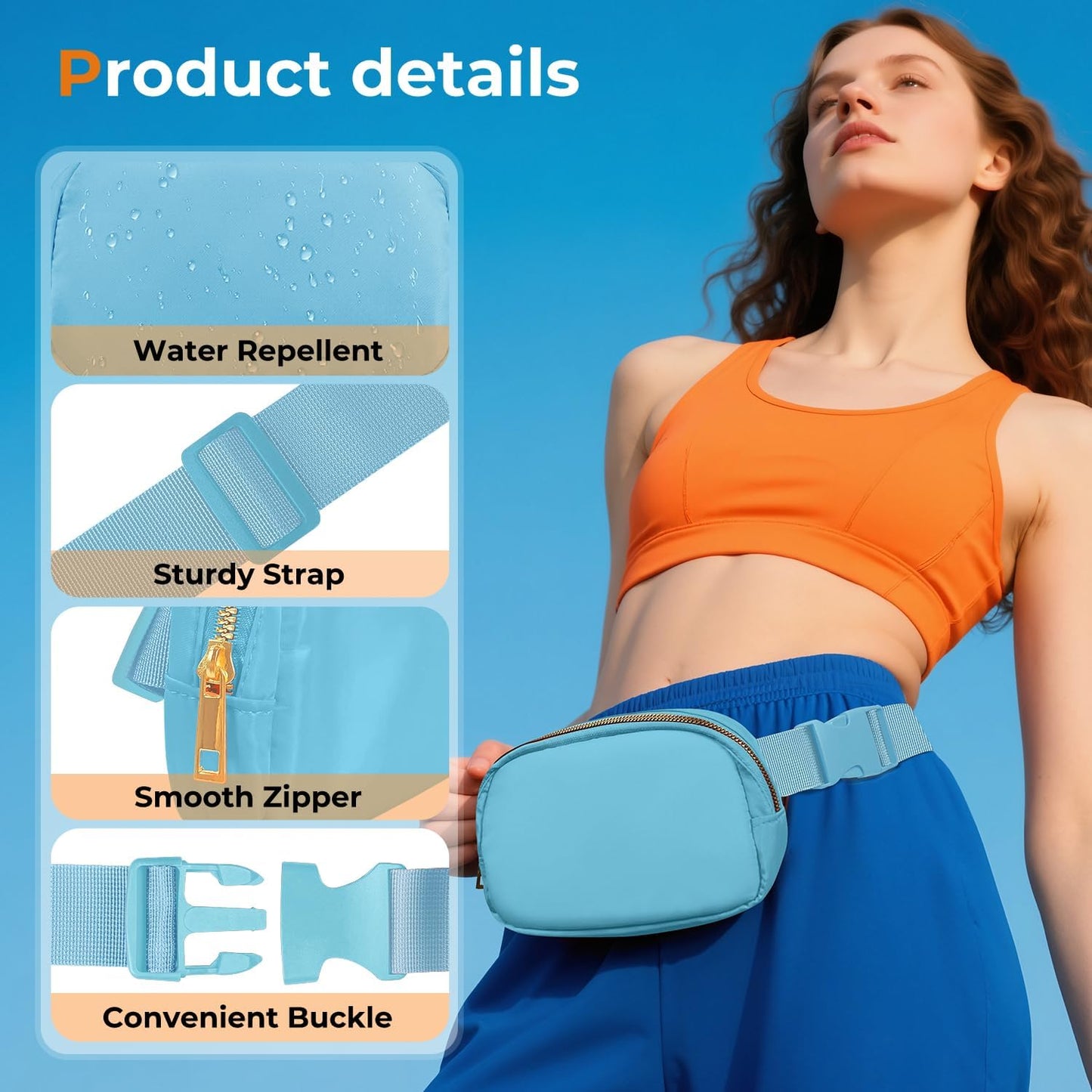 Belt Bag Zipper Fanny Pack Crossbody Bags for Women,Fashion Nylon Waist Packs, Water Repellent Two Way wear with Adjustable Strap Gifts for Teenage Girls Women Men (lake blue)