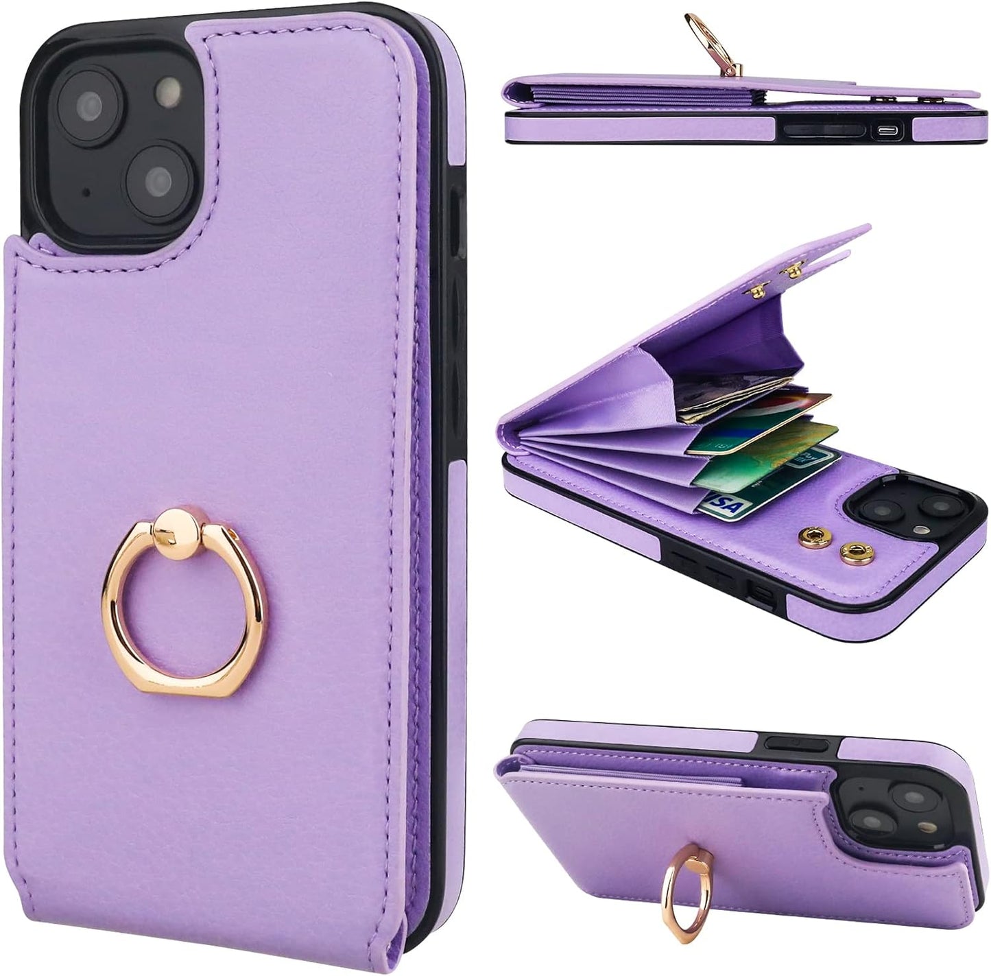 Folosu Compatible with iPhone 14 Plus Case Wallet with Card Holder, 360°Rotation Finger Ring Holder Kickstand, RFID Blocking Leather Protective Double Buttons Shockproof Cover 6.7 Inch Purple