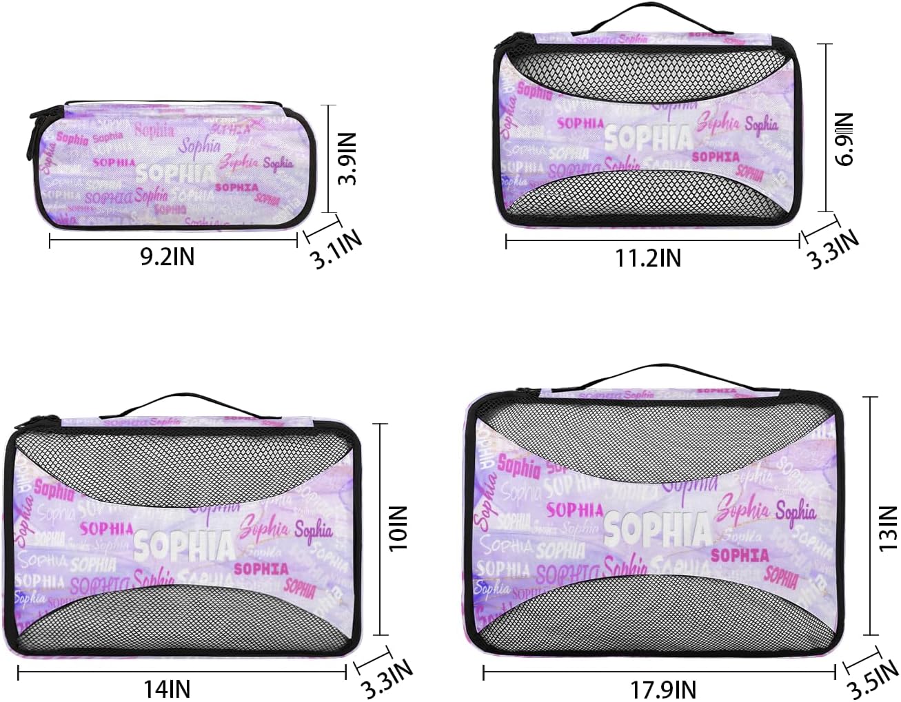 Custom Name 4 Pcs set travel luggage organizer Mesh Travel Essentials for Suitcases, Light Purple Marble Texture