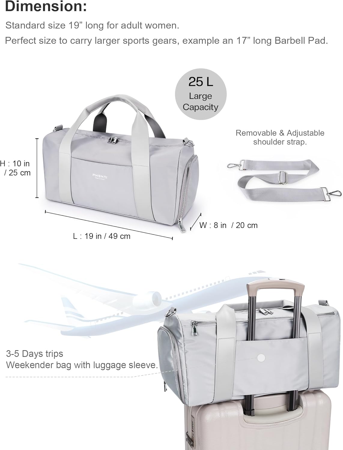Gym Bag for Men and Women with Shoe Compartment & Wet Pocket - Duffle Bag for Travel Sports Fitness Workout Athletic, 19" Medium, Neutral Grey