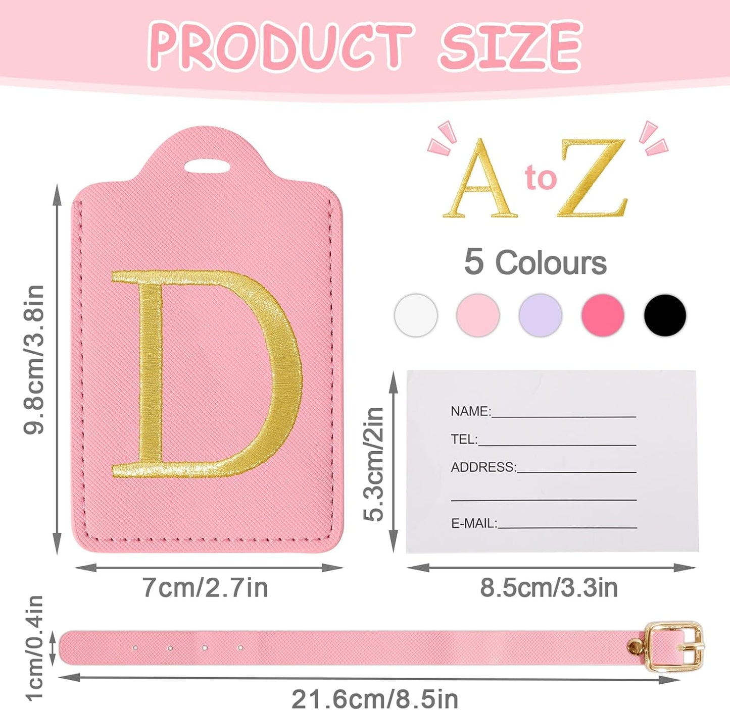 Initial Letter Luggage Tags for Suitcases, Embroidered Monogrammed Suitcase Luggage Identifier Name Tag, PU Leather TSA Approved Luggage Tags, Bag Tags for Men Women Kids Luggage Handbags(Pink D)