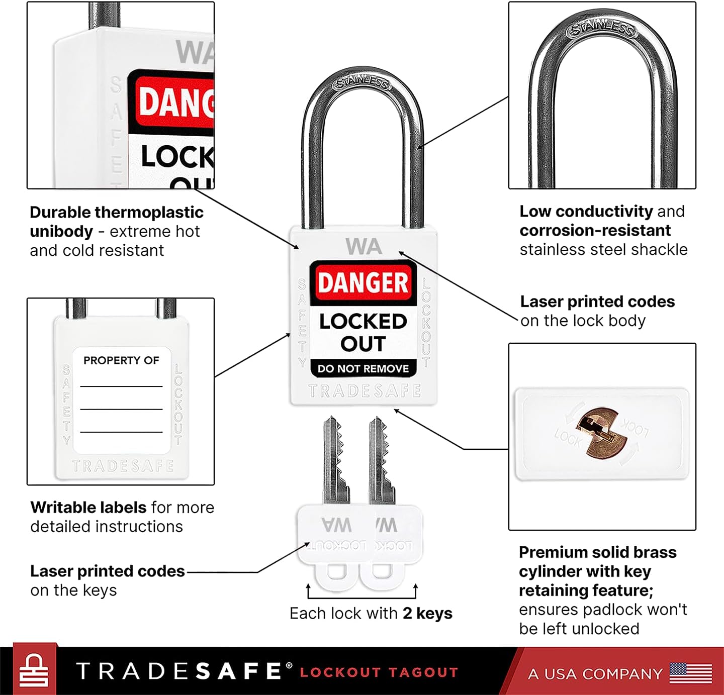 TRADESAFE Lockout Tagout Locks Sets, 10 White Keyed Alike Unlimited Grouping Loto Locks, 2 Keys Per