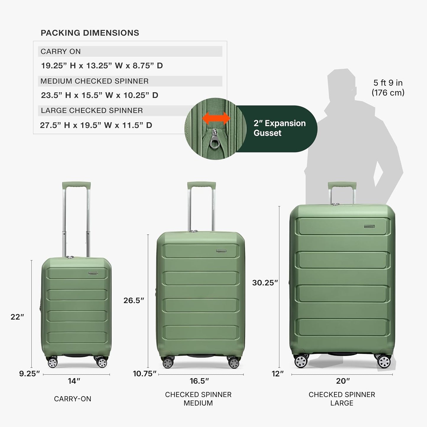 Traveler's Choice Pagosa Indestructible Hardshell Expandable Spinner Luggage, Green, 3-Piece Set (22/26/30)