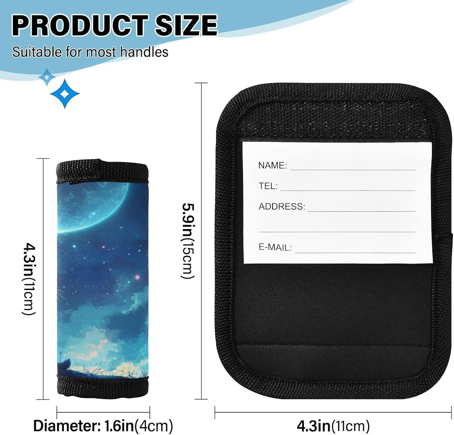 2Pcs Luggage Handle Wrap Suitcase Identifier Handle Covers Tags Soft Travel Bags Luggage Handle Gripper Accessories for Airplane Flying Cat Moon Blue