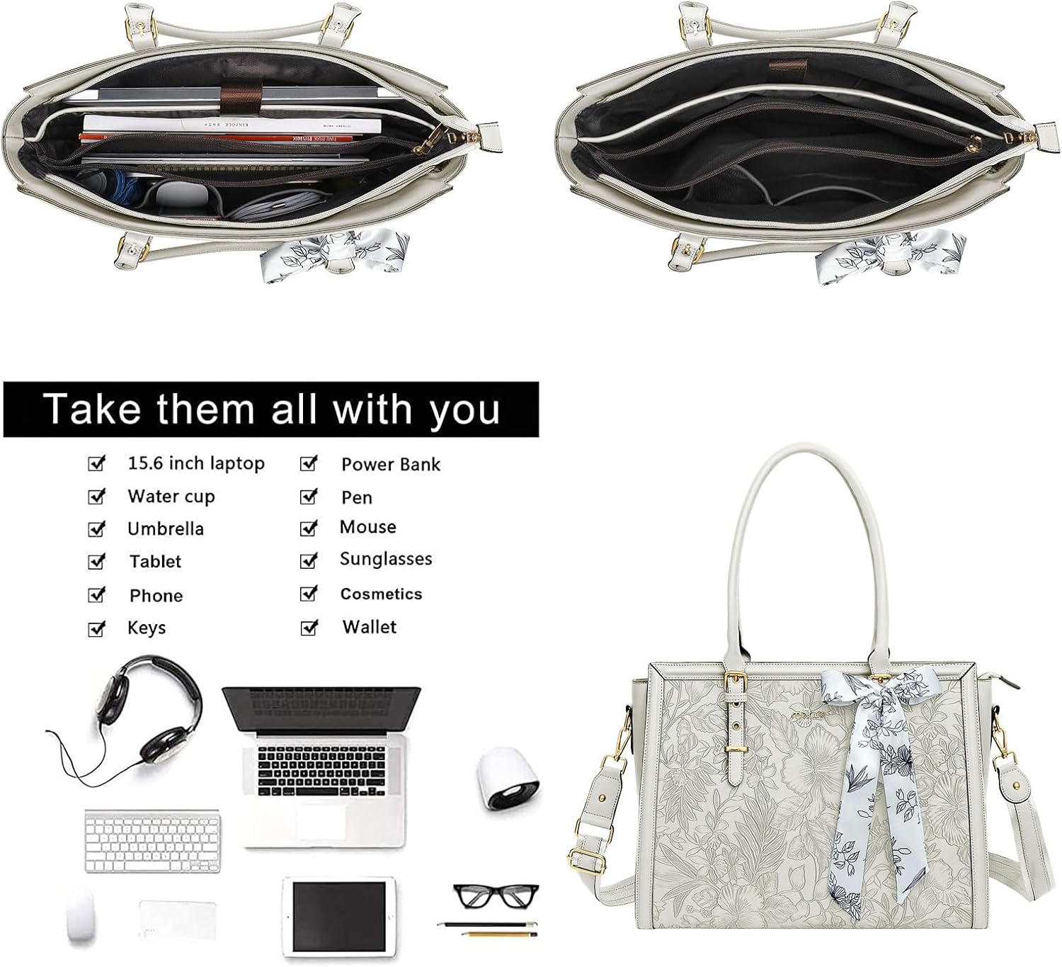 MOSISO Laptop Bag for Women, PU Leather Tote Bag, Front Embossed Retro Hibiscus Computer Bags with