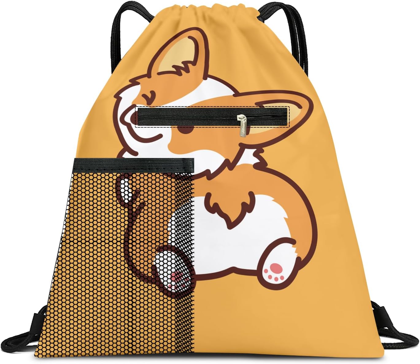 Drawstring Backpack Sports Gym Bag, Large String Swim Bag for Beach With Water Bottle Mesh Pocket, Cute Gym Sack with Zipper Pocket for Men Women Cute Yellow Corgi