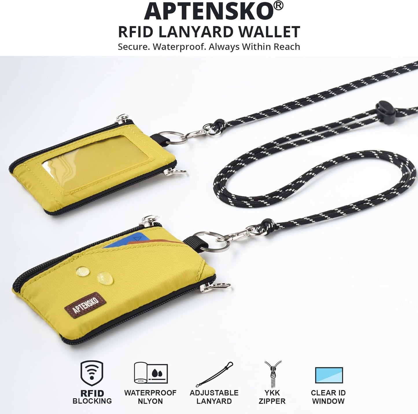 RFID Travel Wallet with Adjustable Lanyard-Zipper Small Wallet with ID Card Holder, Keychain for women&men-Minimalist Slim Waterproof Nylon case for ID, Cash, Key (Dark Yellow)