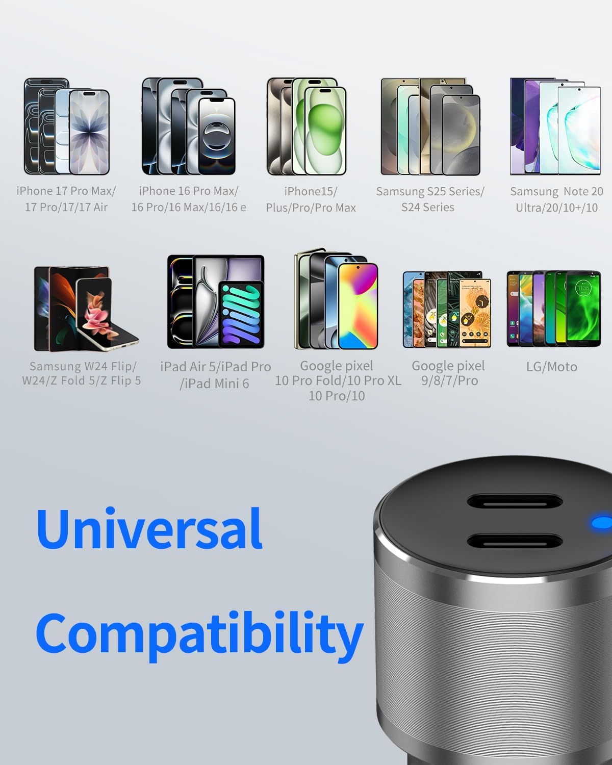 Dual 45W USB C Car Charger, 90W Max Super Fast Charging, All Metal 12V Cigarette Lighter Adapter for iPhone 17 Pro Max/16/15/iPad, Samsung Galaxy S25/S24, Google Phones with 2 Type C Cable 3.3ft Gray