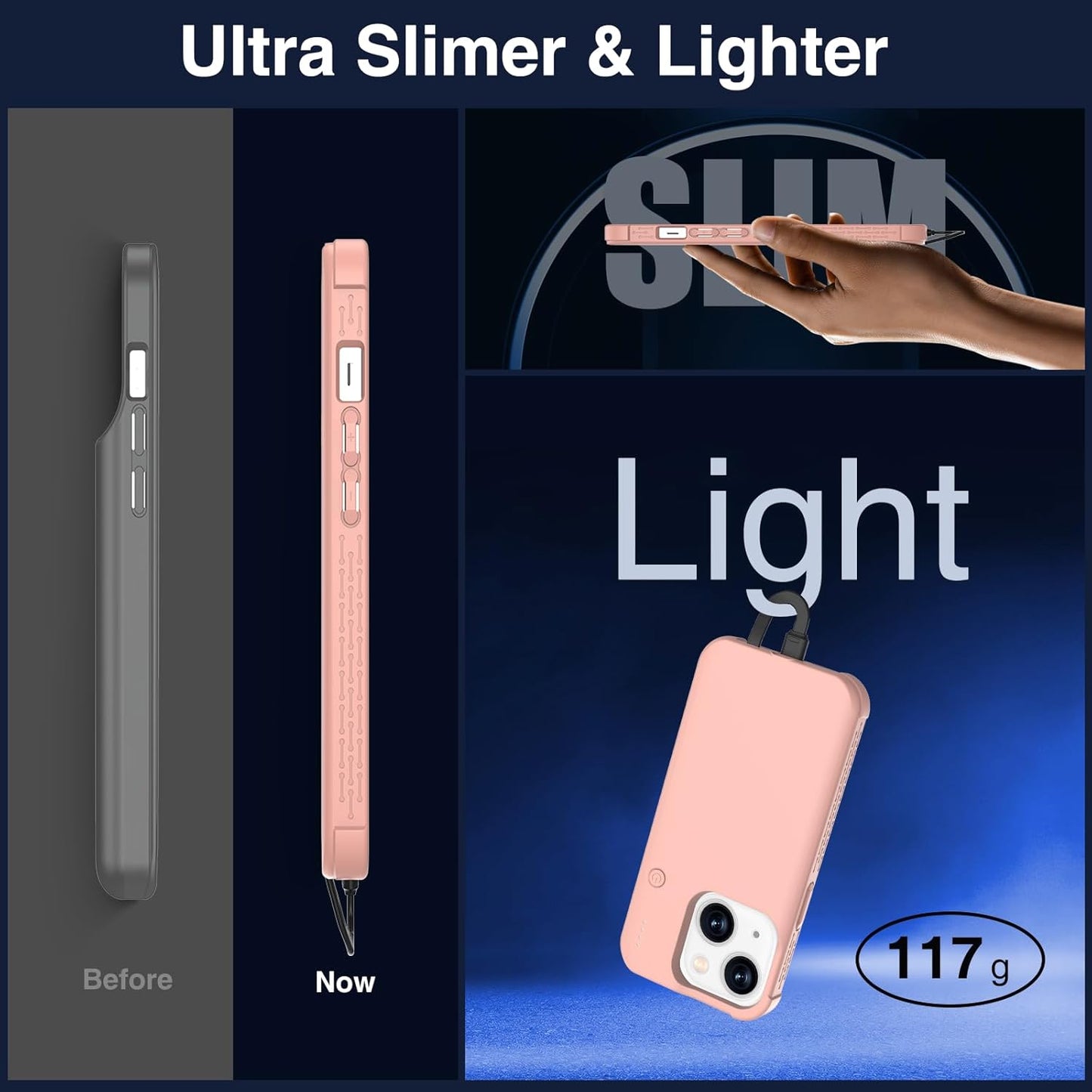GIN FOXI Fast Charging Battery Case for iPhone 15/15 Pro, 7000mAh 15W Ultra Slim Charger Case Rechargeable Portable Extended Power Bank Case Cover Battery Pack Built-in Cable, Pink (6.1”)