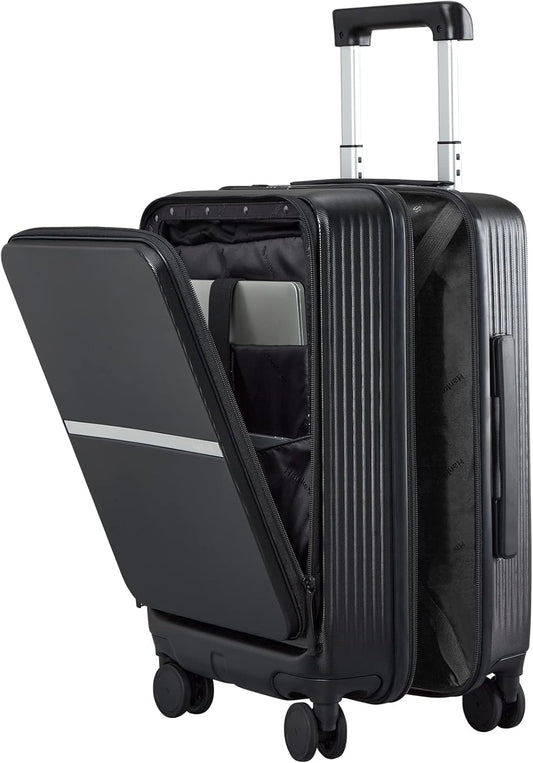 Hanke 20 Inch Carry On Luggage Airline Approved Hard Shell Suitcases with Wheels & Front Pocket Travel Luggage Lightweight Carry On Suitcase for Travel Rolling Luggage(Black)