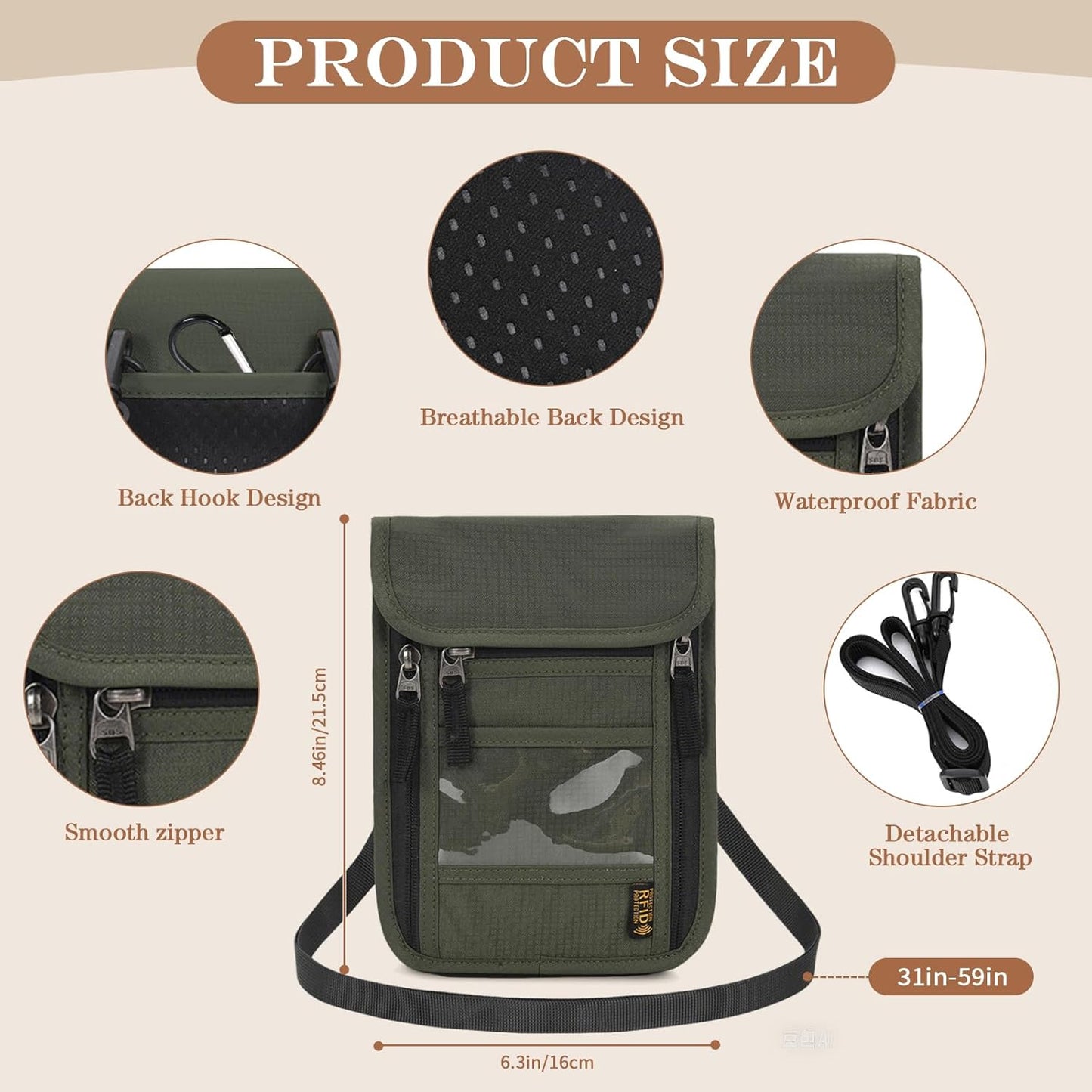 Passport Holder for Travel, Neck Pouch Travel Wallet With RFID Blocking, Waterproof Lightweight Passport Wallet for Women and Men (Army Green)