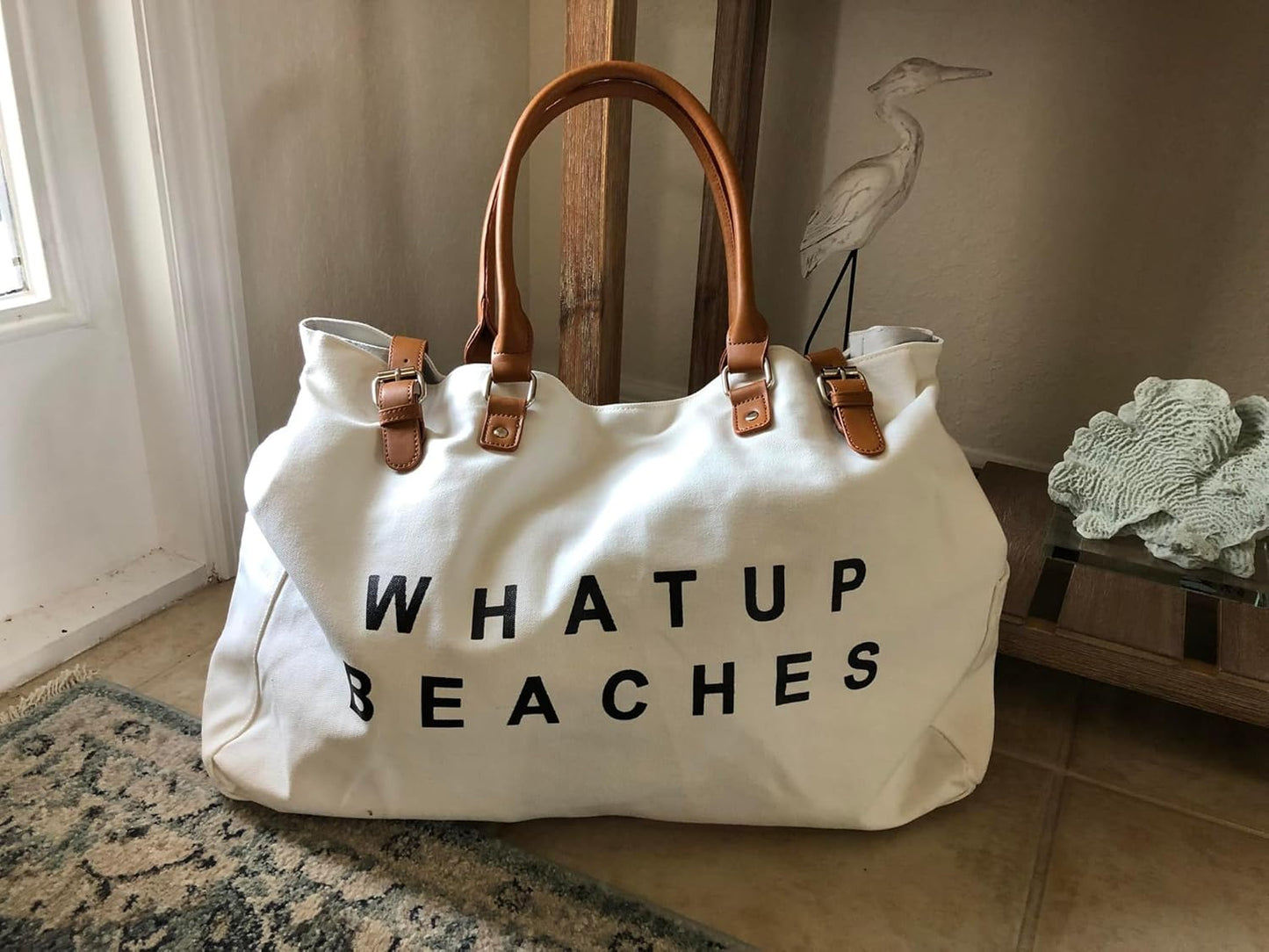 Beach Bag with Vegan Leather Handle, Extra Large Beach Bag for Women Waterproof Sandproof, White