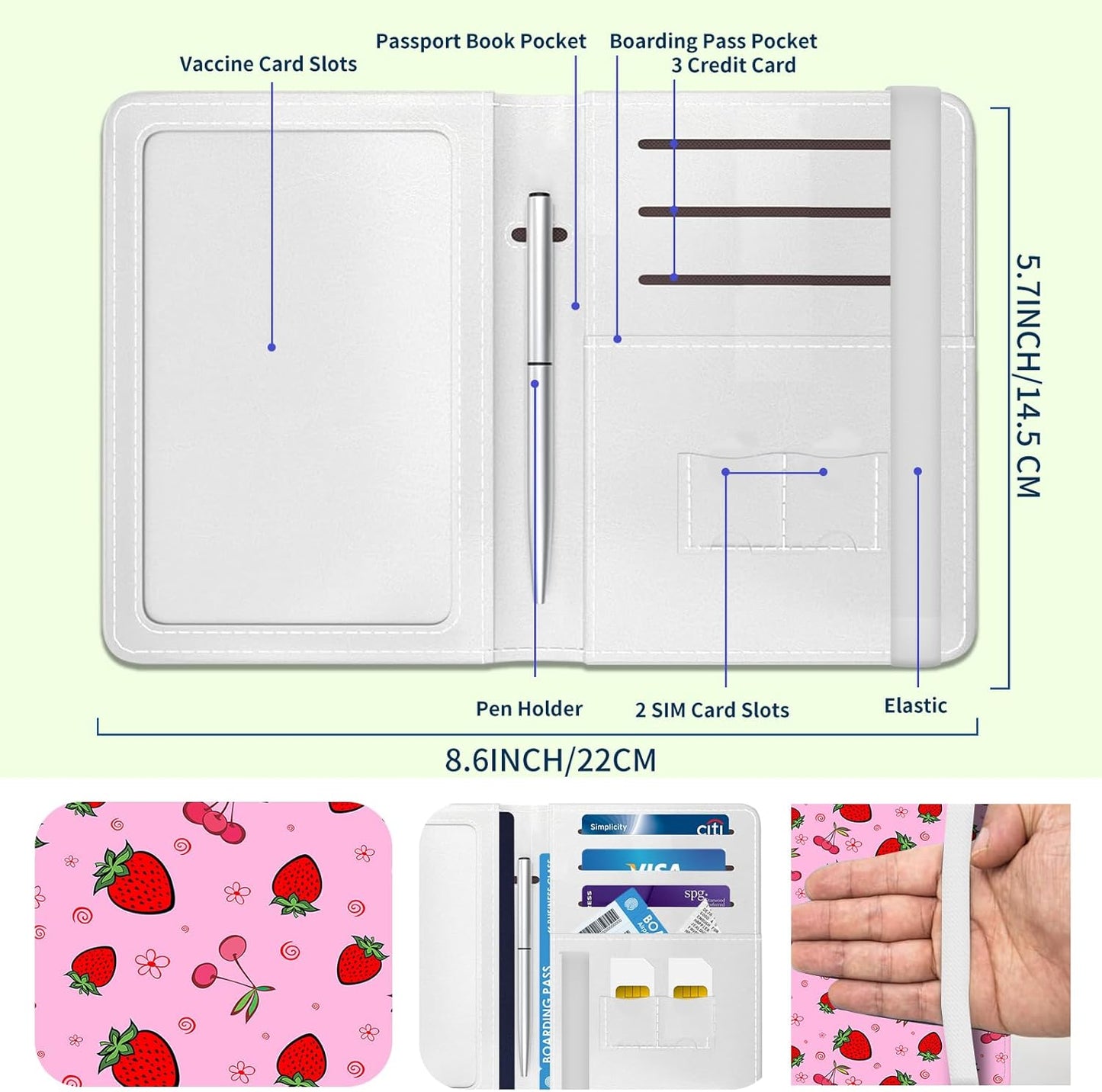 Passport Holder for Travel Essentials, Leather RFID Blocking Passport Wallet Cover Case, Cute Passport Book Holders for Women and Men Cute Pink Strawberry