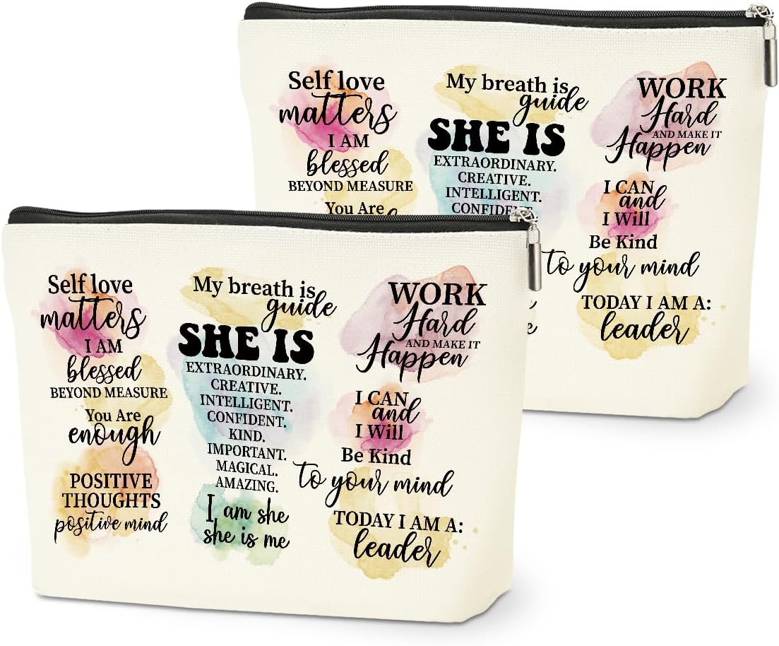 2PCS Positive Affirmations Makeup Bag Mental Health Motivational Inspirational Gifts for Female Sister Coworker Birthday Friendship Mothers Day Nurse Day Travel Toiletry Cosmetic Bag