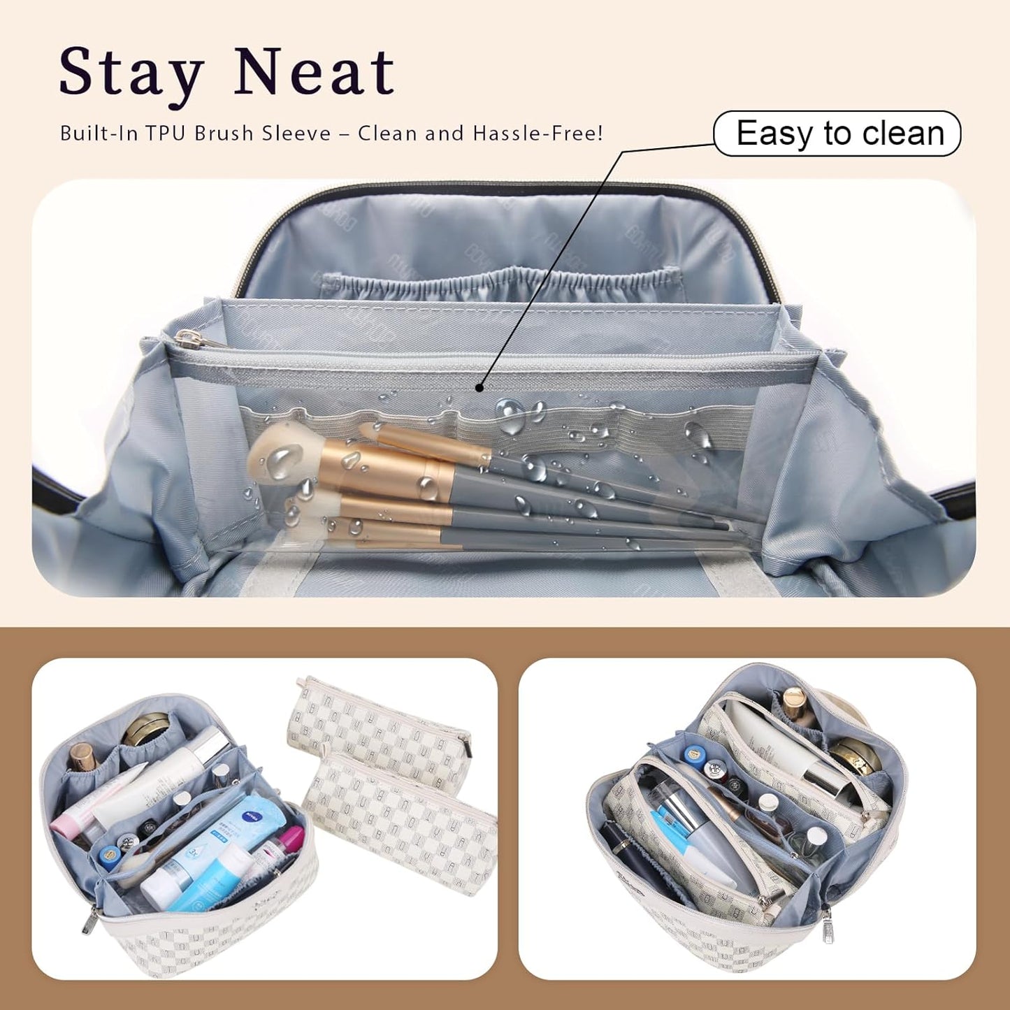 BOYATU Travel Makeup Bag Cosmetic Bags for Women: 3 Pcs Set Portable Make up Bag with Handle - Vegan Leather Toiletry Bags with Compartments - Makeup Organizer for Travel Essentials(C-4-Beige)