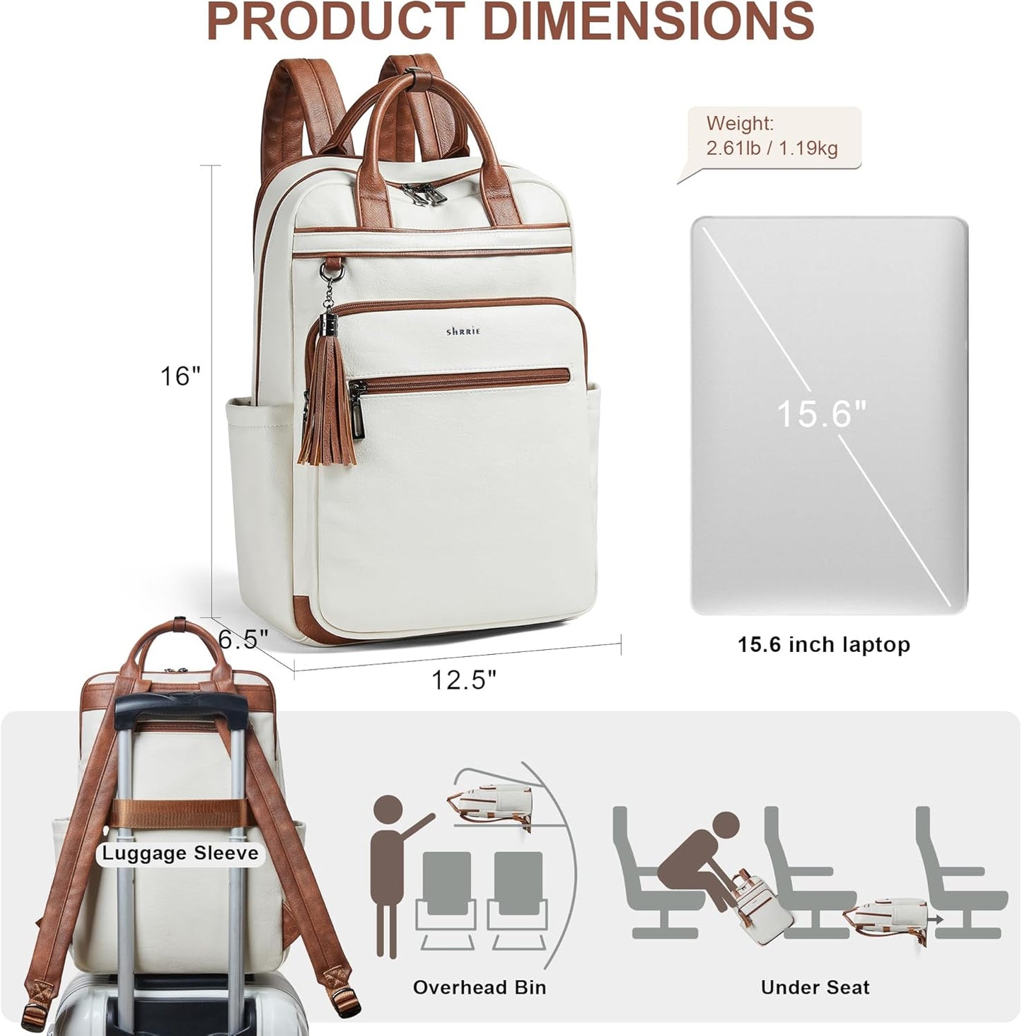Shrrie Laptop Backpack for Women 15.6 inch Travel Leather Backpack Purse Work Computer Backpacks for Business College Beige