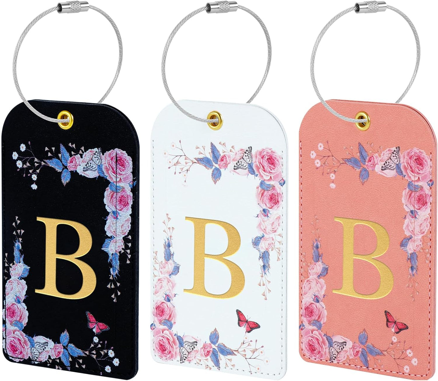 3 Pack Luxury Floral Luggage Tags, Durable PU Leather Suitcase Tags with Stainless Steel Cable Strap, Hidden ID Slot for Privacy Protection, Easy to Identify Waterproof Travel Accessories Gift (B)