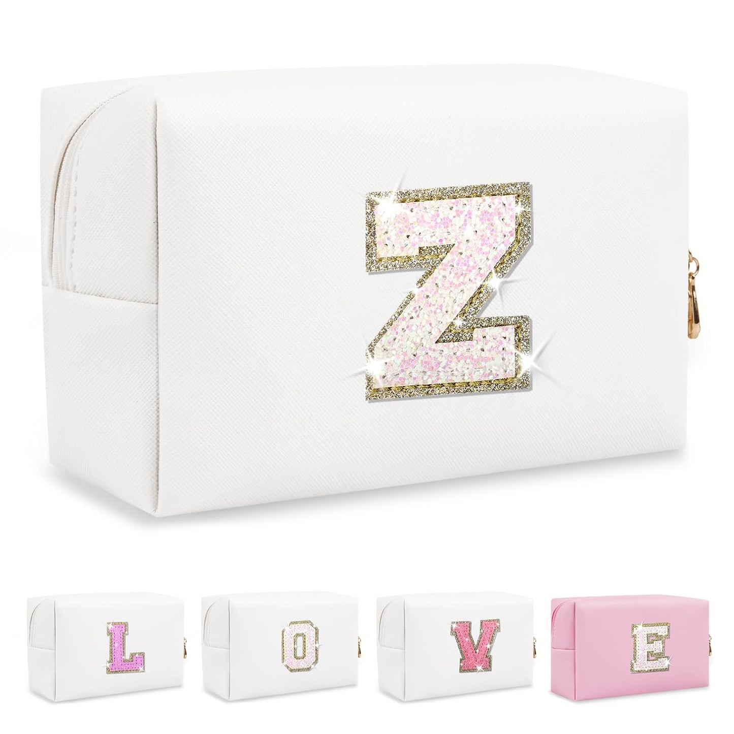 Small Initial Patch Makeup Bag Personalized Gifts Make Up Bag,White Cute PU Leather Glitter Letter