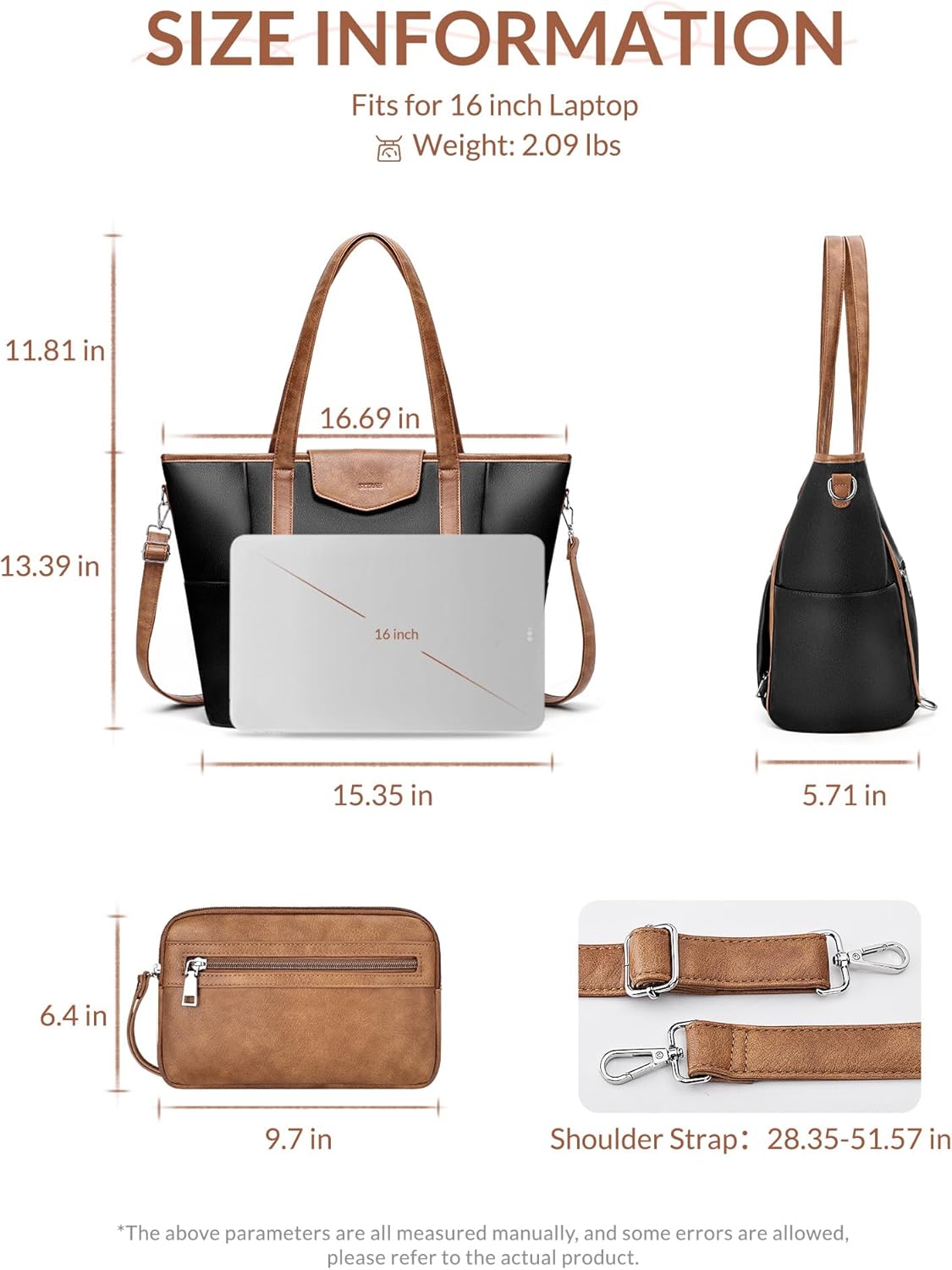 Laptop Bag for Women Designer Leather Laptop Backpack Purse, 16 inch Computer Tote Bags for Work Travel with Satchel Purse Black Brown