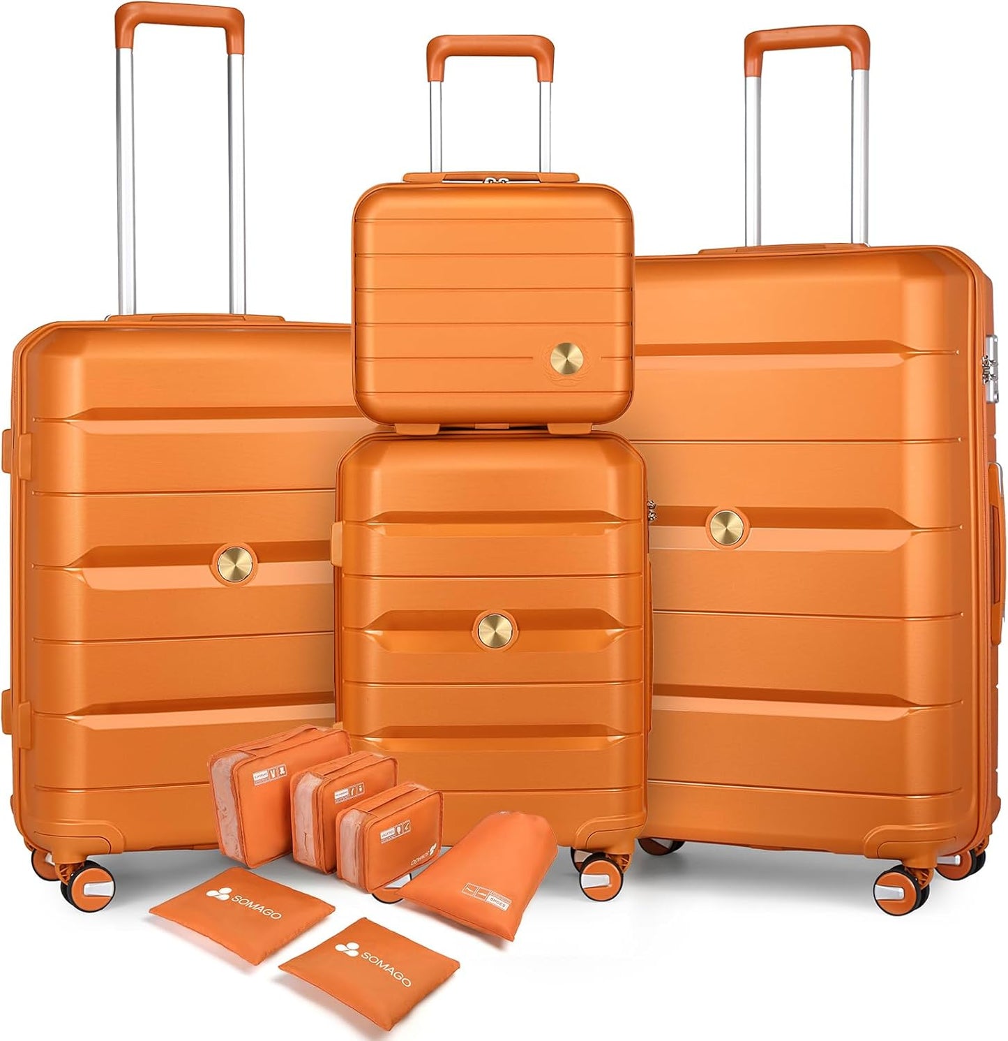 Somago Luggage Sets and Packing Cube Travel Set Lightweight Hardside Polypropylene Suitcases with Double Spinner Wheels and TSA Lock,Sunset Orange