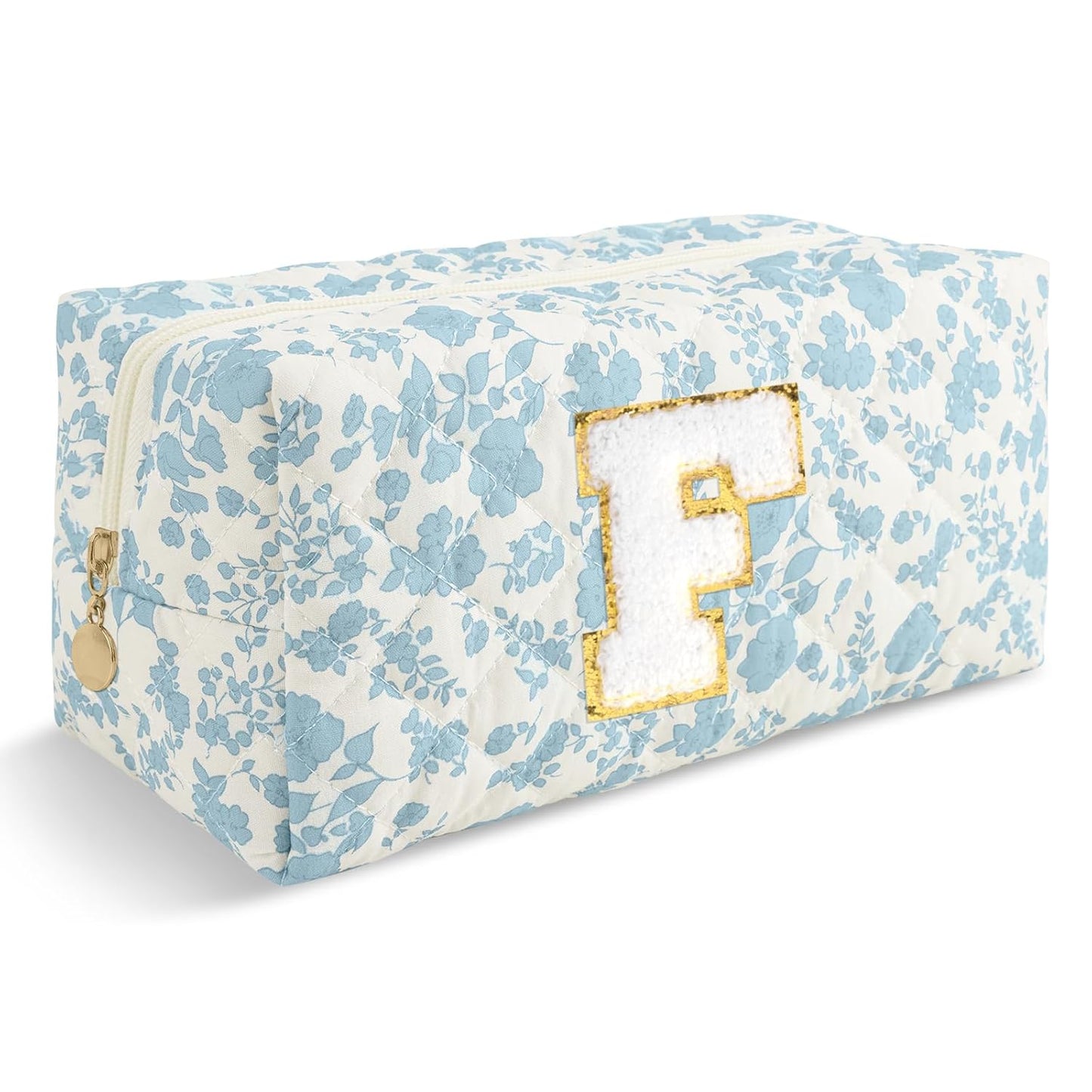 Personalized Quilted Cosmetic Bag, Puffy Monogrammed Christmas Birthday Gifts for Women & Girls, Cute initial Floral Makeup Bag Puffer Coquette Bag, Aesthetic Travel Toiletry Zipper Pouch(Blue,F)
