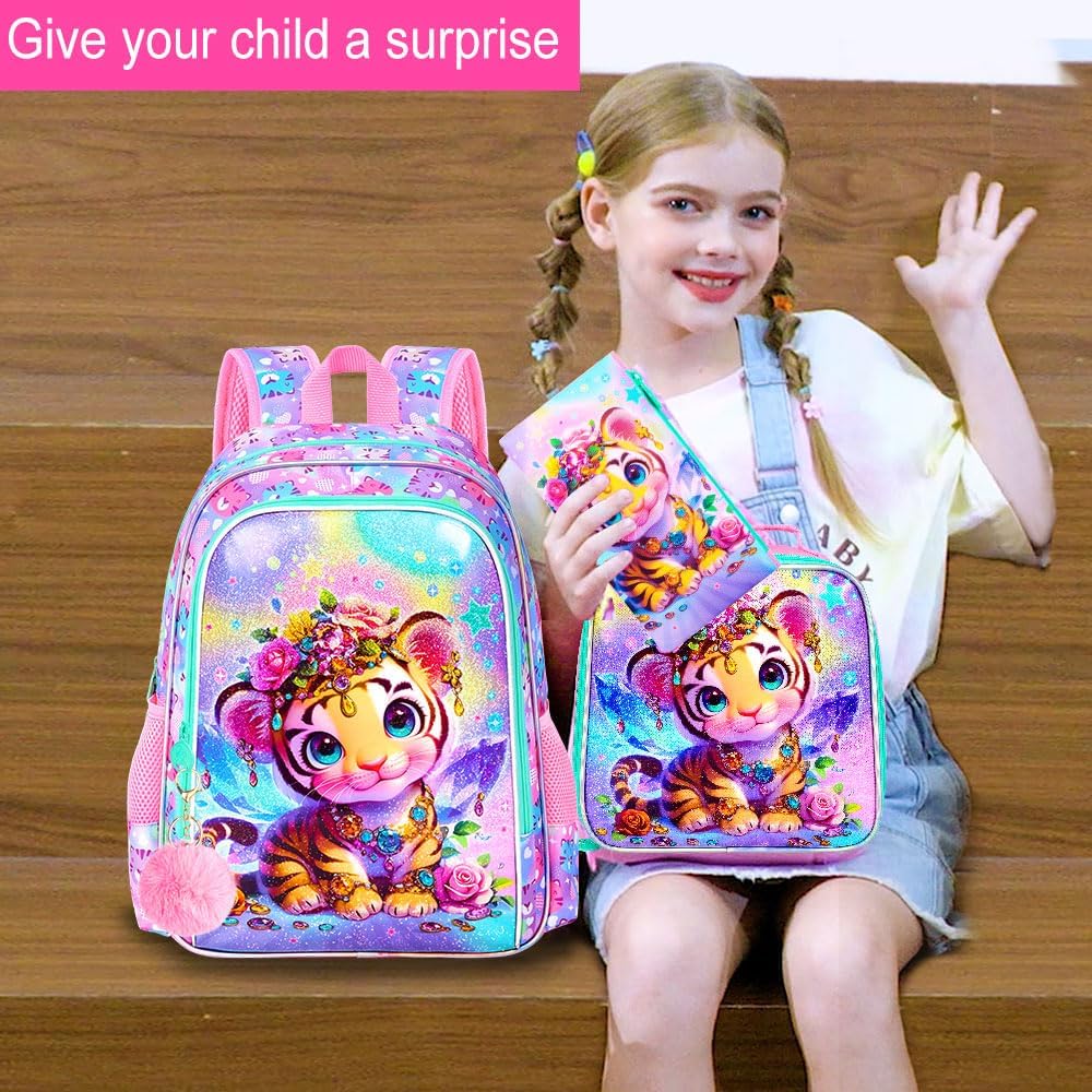 3Pcs Tiger Backpack for Girls, 16" Kids School Backpacks with Lunch Box, Bookbag for Elementary Preschool Kindergarten(Pink)