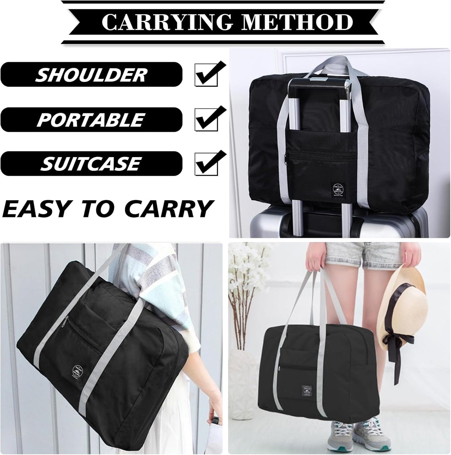 INVODA Travel Bag Carry on Luggage Foldable Duffel Bag Sports Gym Bag Weekender Overnight Bag Water Resistant Nylon Travel Duffel for Men Women (Black)
