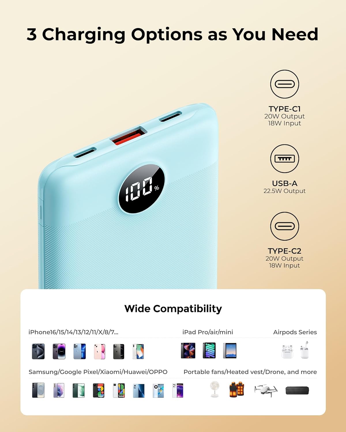 Small Portable Charger Power Bank 10,000 mAh, Upgraded Compact Battery Pack for Phone Charging, PD3.1&QC Fast Charging Mini Travel Power Bank for iPhone/Samsung/Google/Tablet/AirPod (Blue)