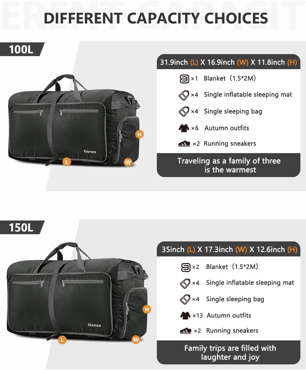 Gonex 40L 60L 80L 100L 150L Large Foldable Travel Duffle Bag with Shoes Compartment, Packable