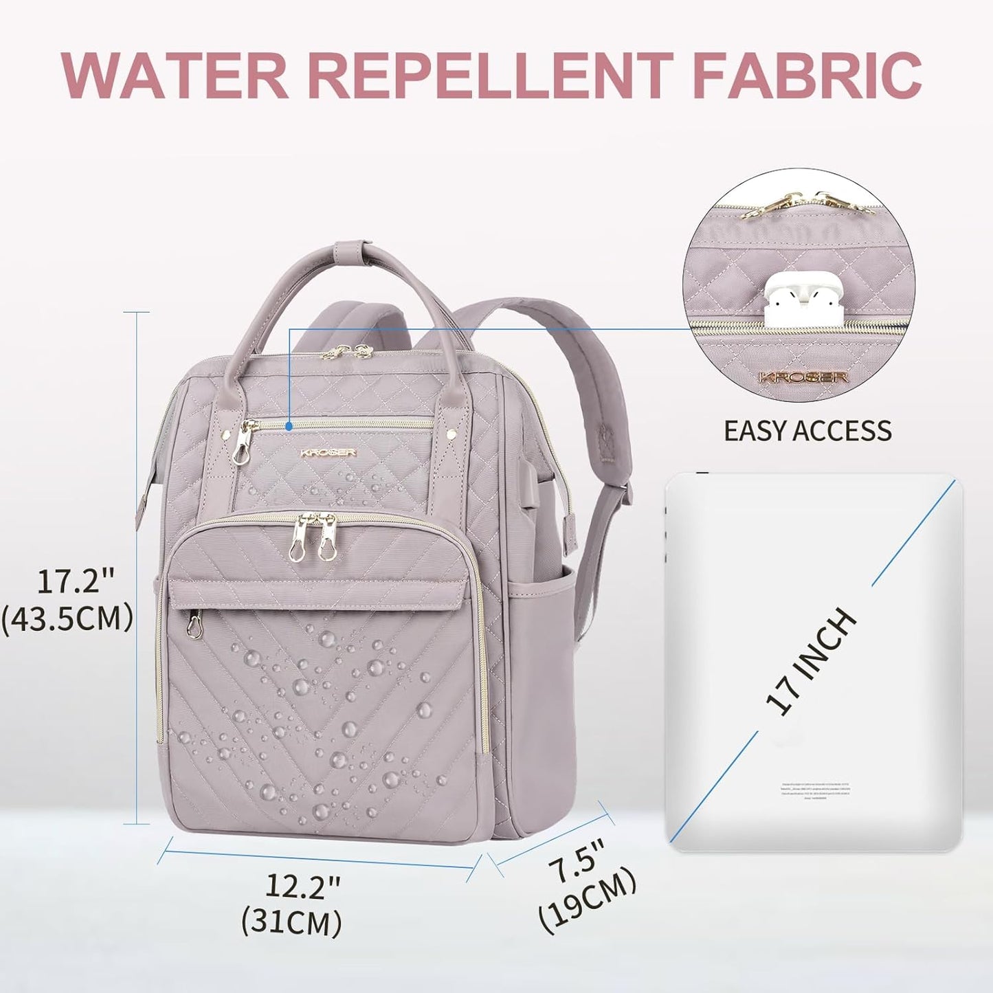 KROSER Laptop Backpack 17" Stylish Backpack Water Repellent College Casual Daypack with USB Port Travel Business Work Bag for Men/Women-Quilted Dusty Pink