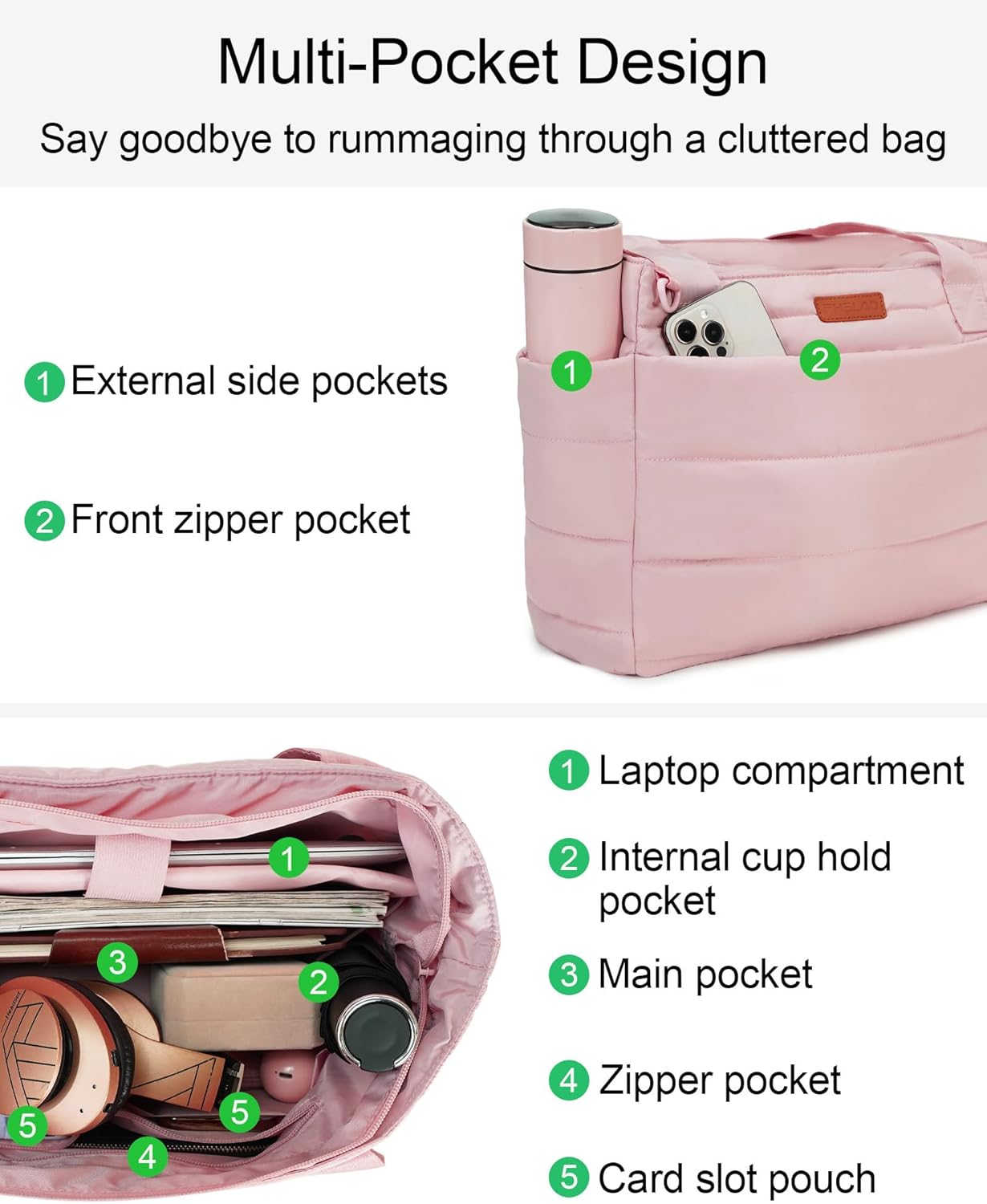 Tote Bag for Women, Quilted Puffer Work Bag for Nurse with 16" Laptop Pocket, Puffy Travel Shoulder Bag for School Gym