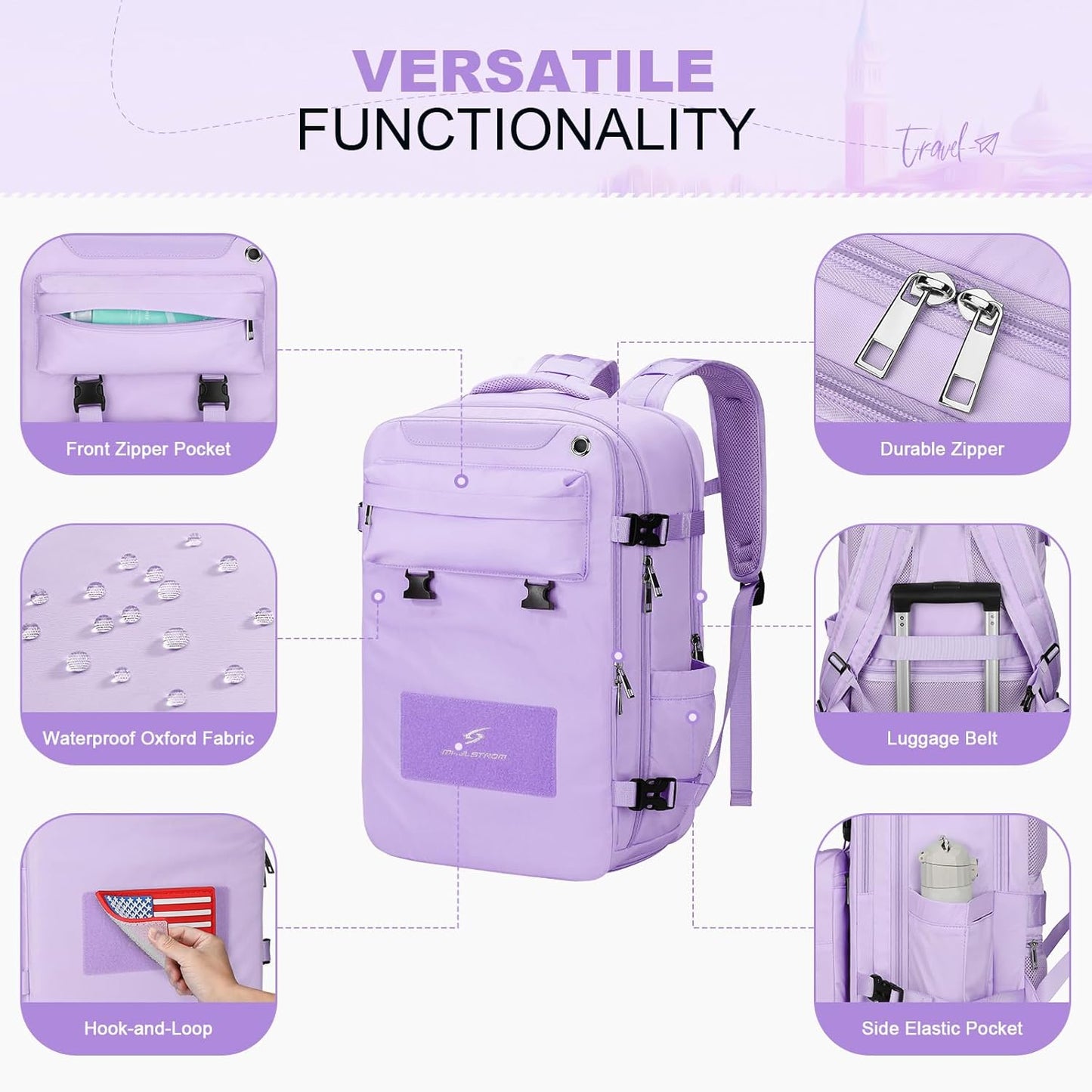 Maelstrom Travel Backpack for Women Men,35L Laptop Backpack Fits 17-Inch Laptop,Carry On Backpack for Airplanes with Crossbody Bag&Shoe Compartment&Toiletry Bag (Purple, Large)